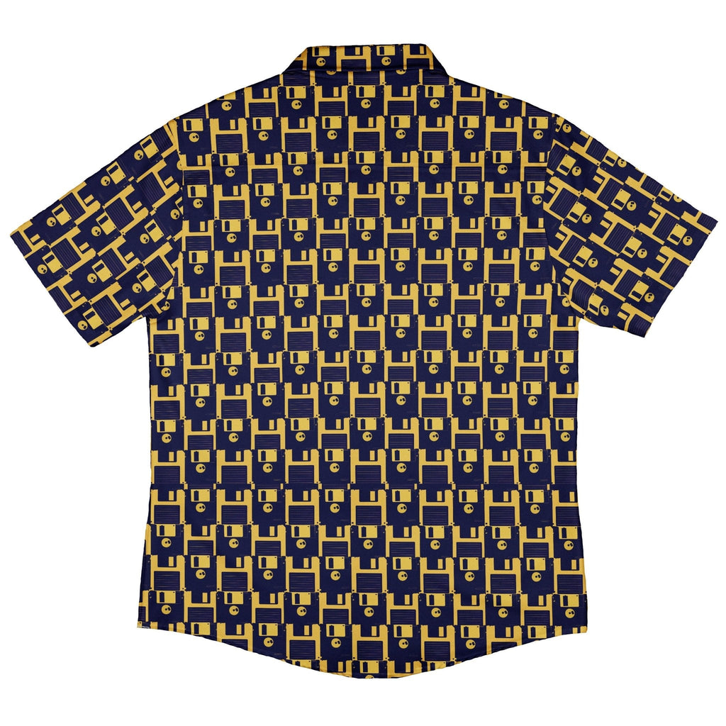 Floppy Disk Yellow Blue Button Up Shirt Geek Nerd adult sizing computer print Design by Random Galaxy