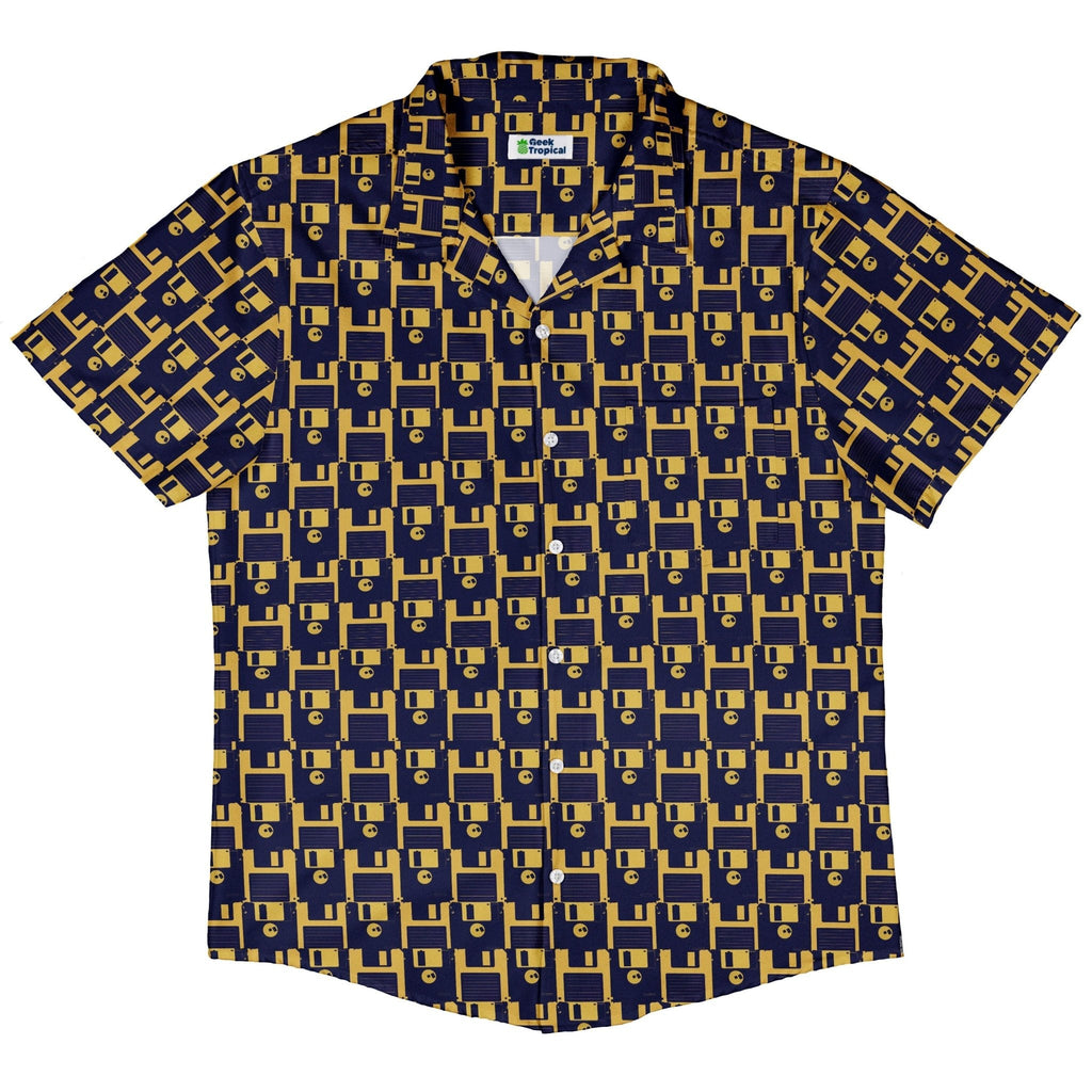 Floppy Disk Yellow Blue Button Up Shirt Geek Nerd adult sizing computer print Design by Random Galaxy