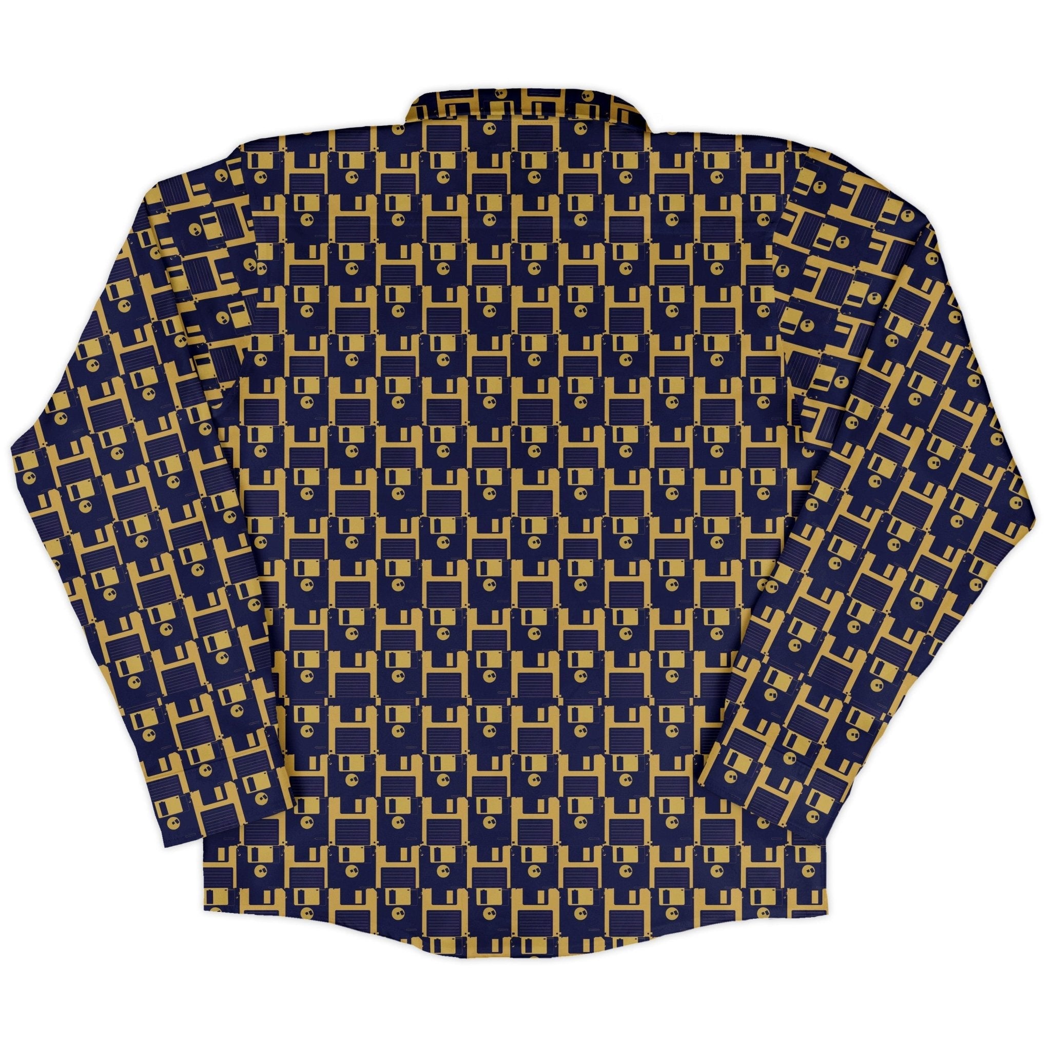 Floppy Disk Yellow Blue Long Sleeve Button Up Shirt Geek Nerd adult sizing computer print Design by Random Galaxy