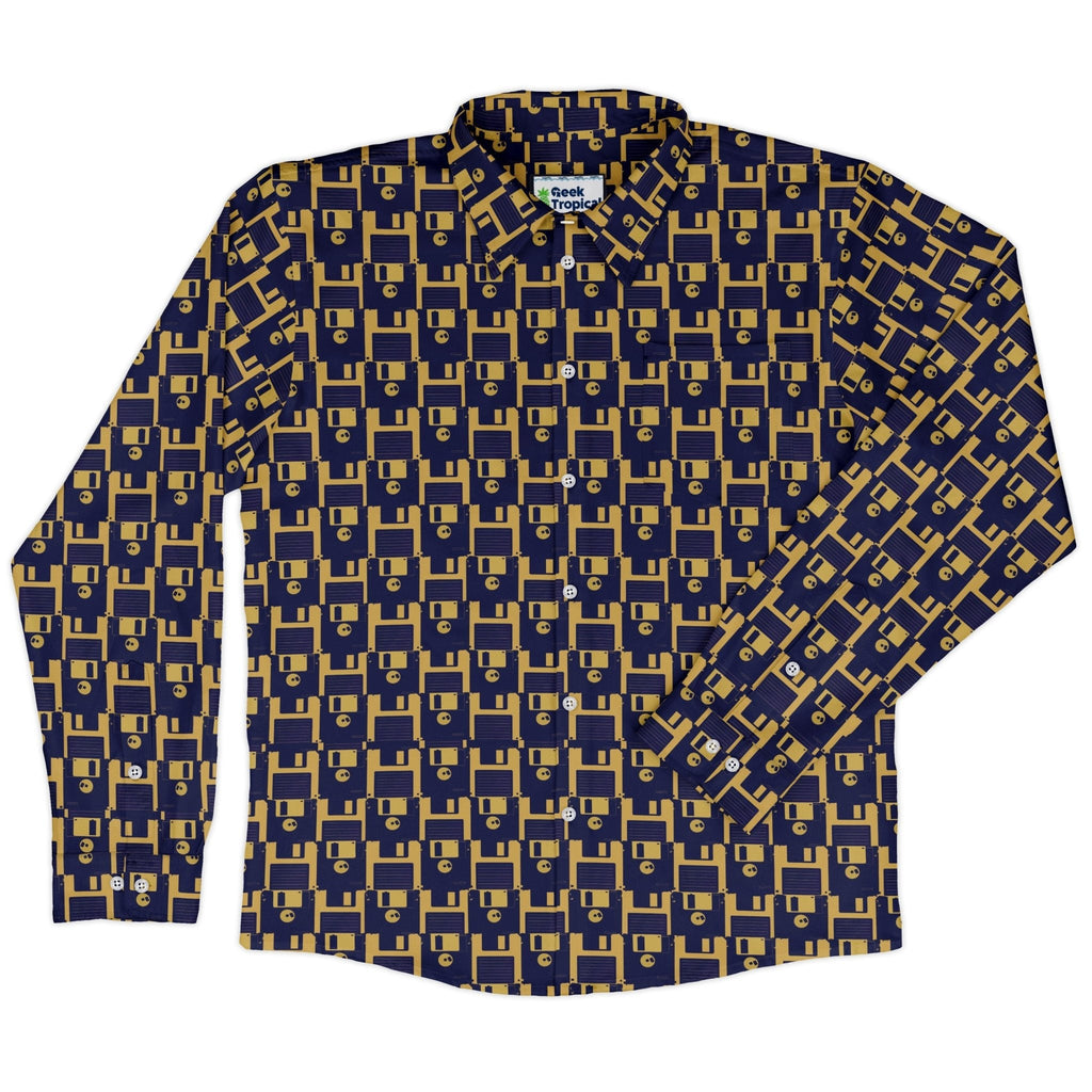 Floppy Disk Yellow Blue Long Sleeve Button Up Shirt Geek Nerd adult sizing computer print Design by Random Galaxy