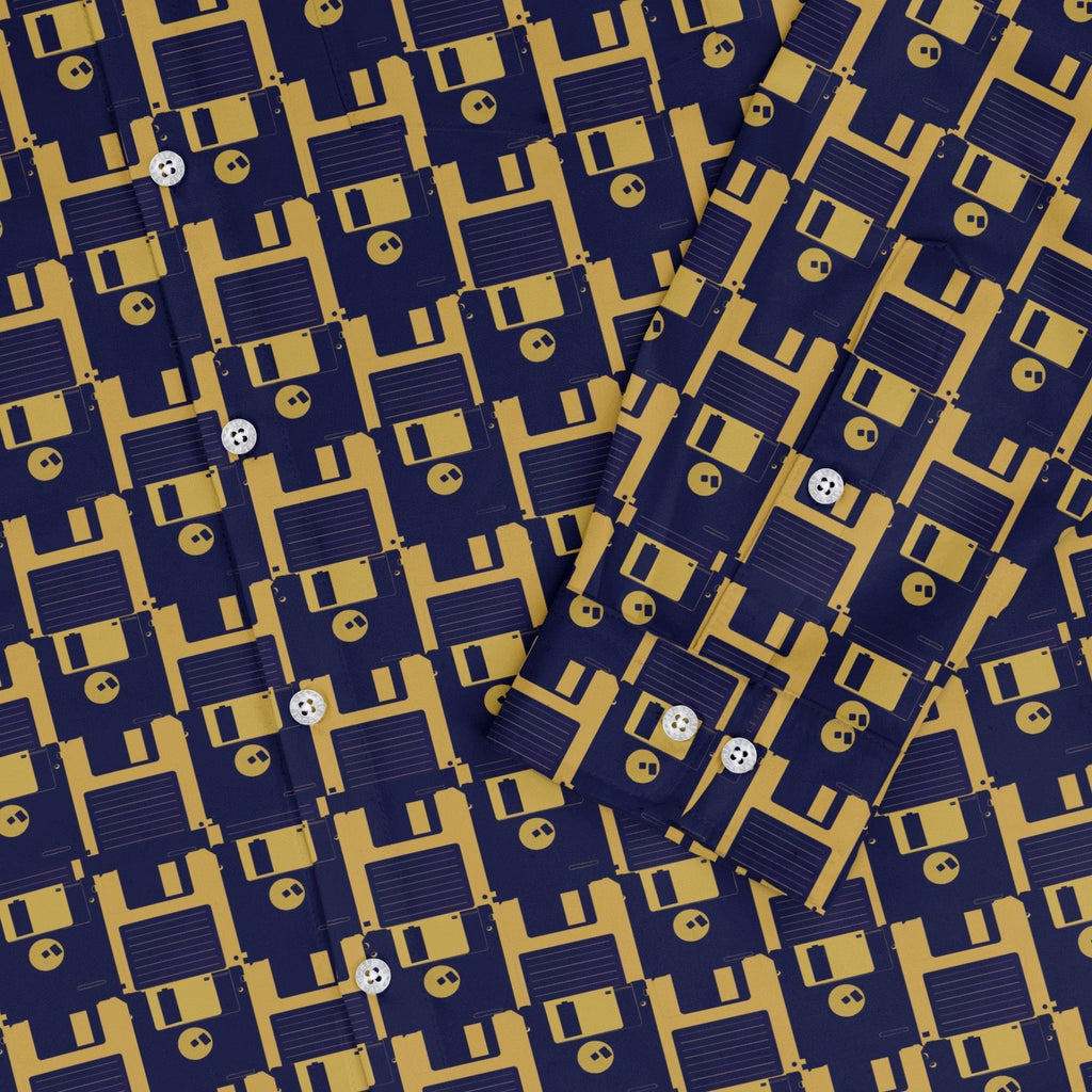 Floppy Disk Yellow Blue Long Sleeve Button Up Shirt Geek Nerd adult sizing computer print Design by Random Galaxy