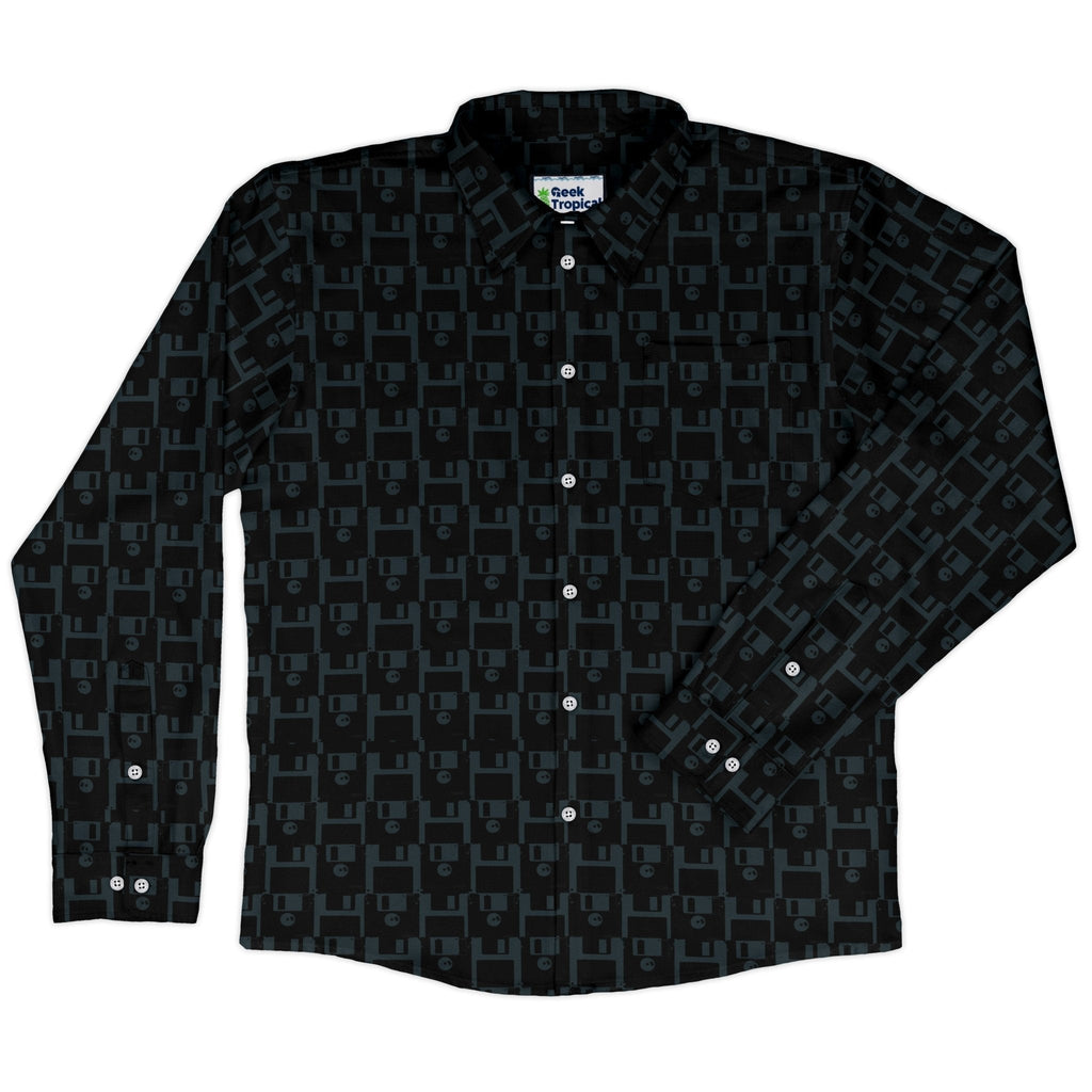 Floppy Disk Long Sleeve Button Up Shirt Geek Nerd adult sizing computer print Design by Random Galaxy