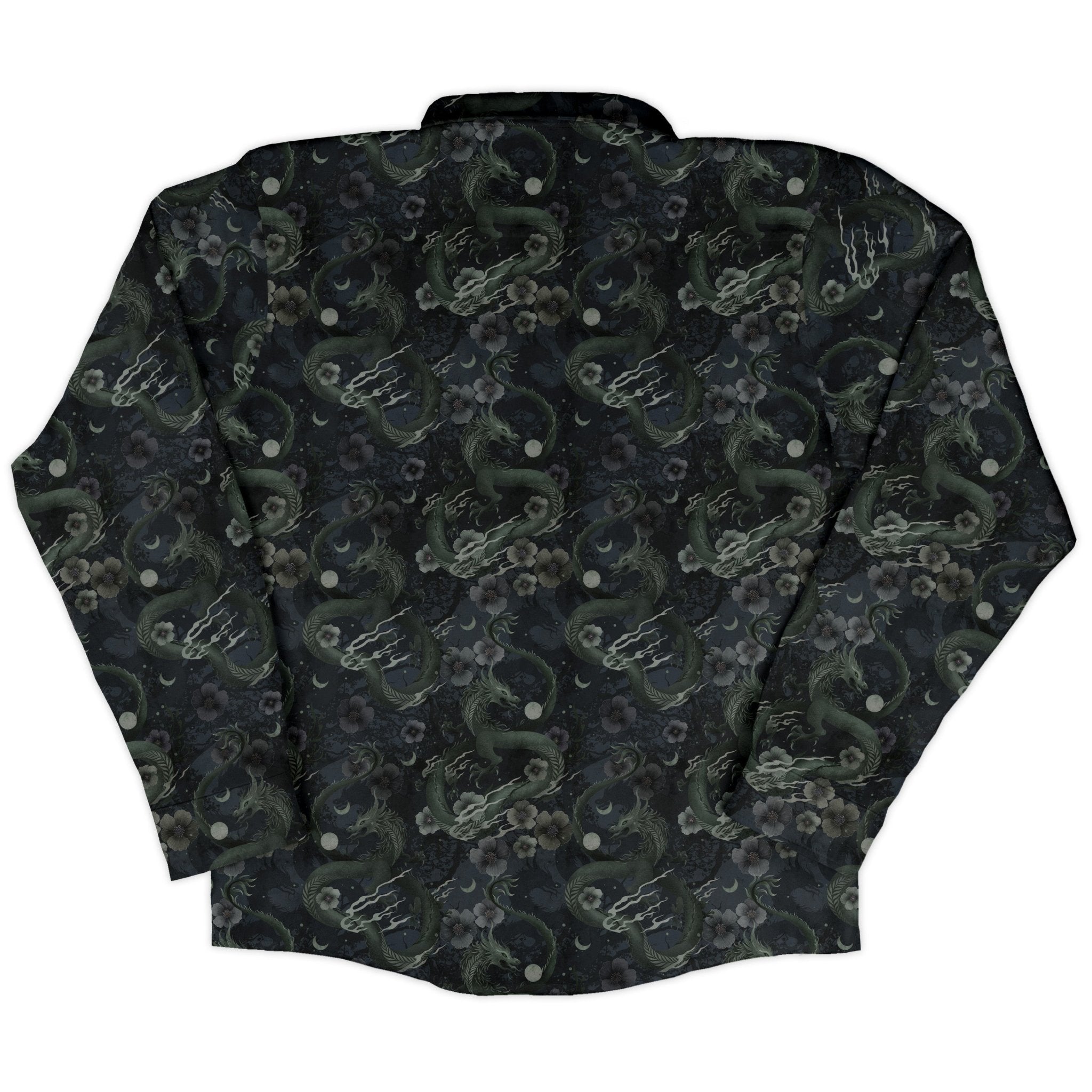 Floral Dragon Fog Long Sleeve Button Up Shirt Geek Nerd adult sizing Design by Episodic Fantasy Prints
