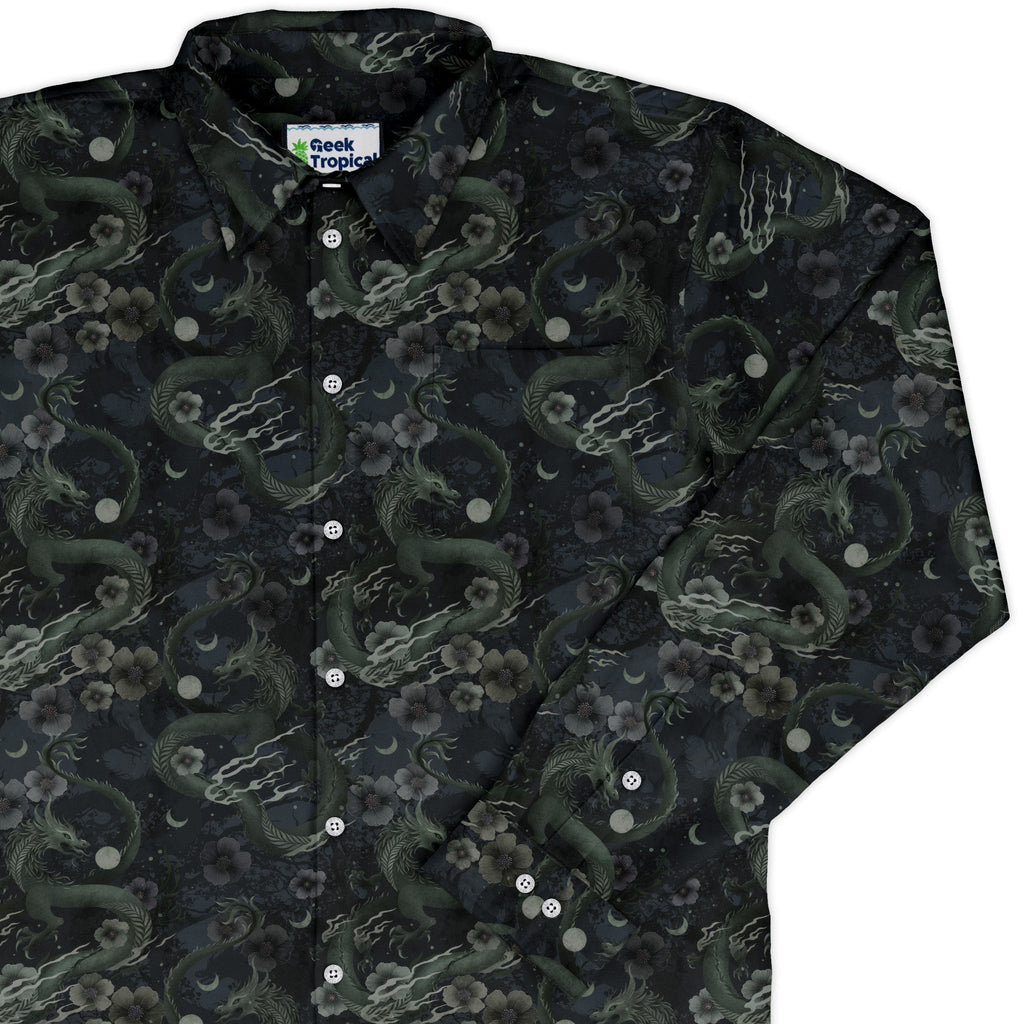Floral Dragon Fog Long Sleeve Button Up Shirt Geek Nerd adult sizing Design by Episodic Fantasy Prints