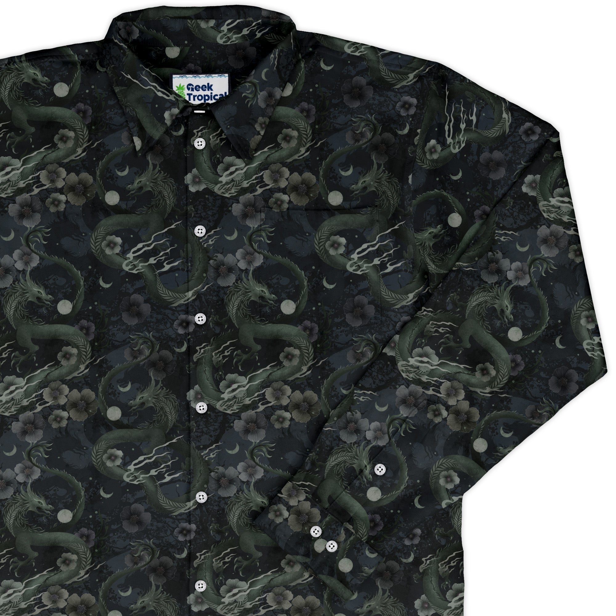 Floral Dragon Fog Long Sleeve Button Up Shirt Geek Nerd adult sizing Design by Episodic Fantasy Prints