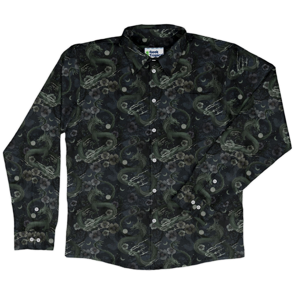Floral Dragon Fog Long Sleeve Button Up Shirt Geek Nerd adult sizing Design by Episodic Fantasy Prints