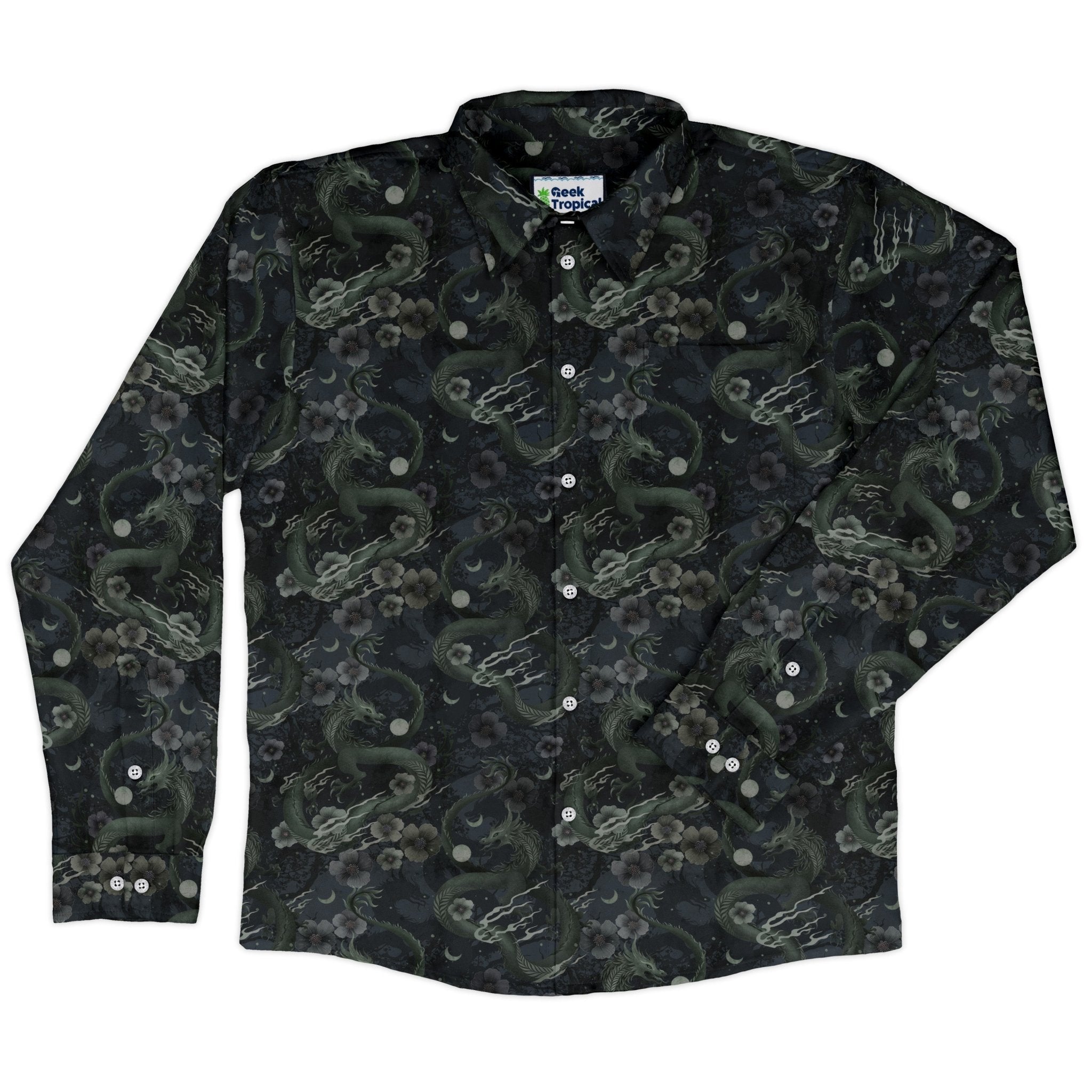 Floral Dragon Fog Long Sleeve Button Up Shirt Geek Nerd adult sizing Design by Episodic Fantasy Prints