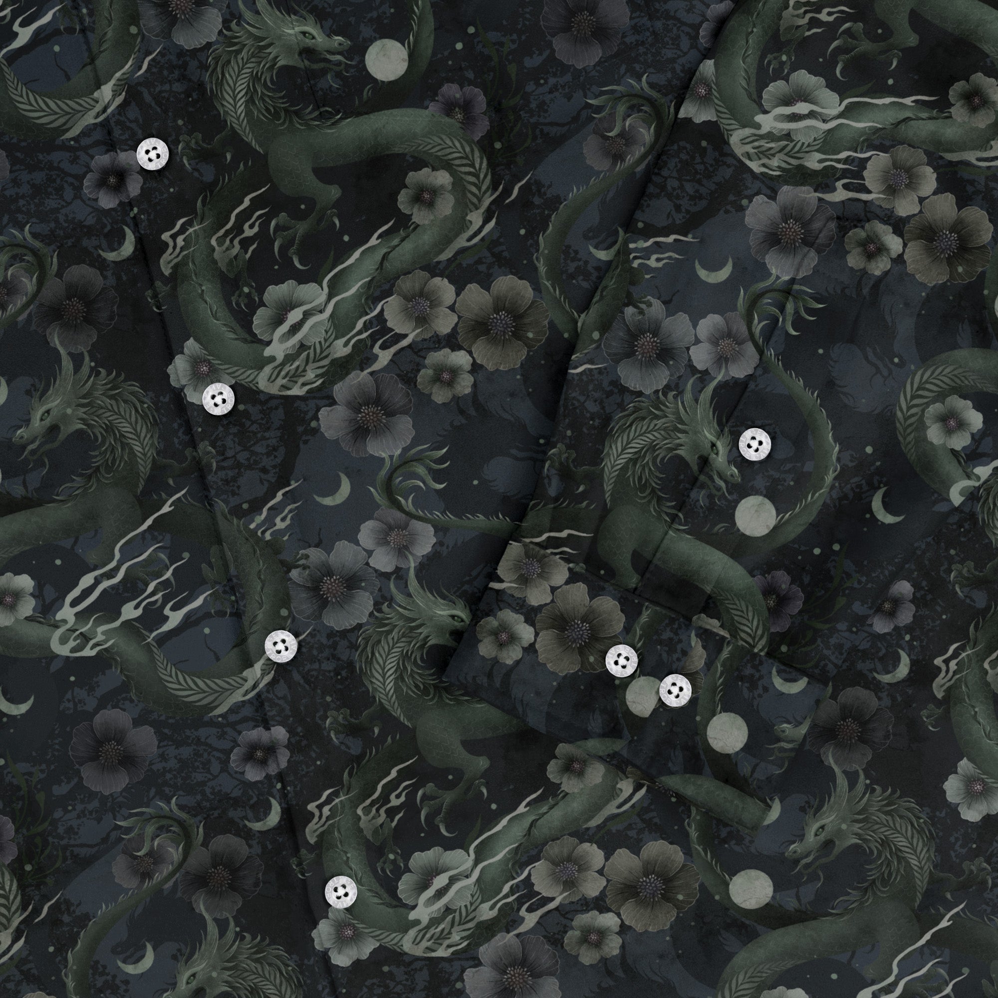 Floral Dragon Fog Long Sleeve Button Up Shirt Geek Nerd adult sizing Design by Episodic Fantasy Prints