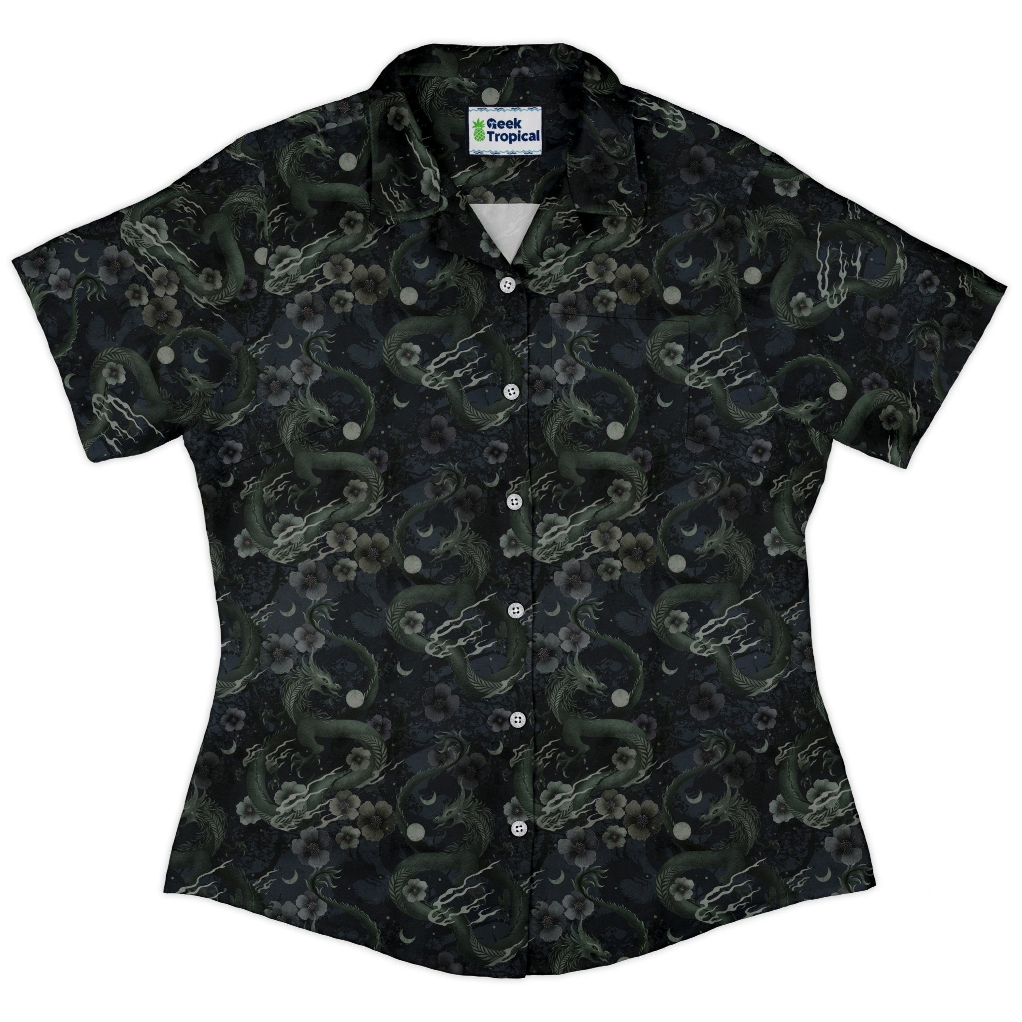 Floral Dragon Fog Curvy Button Up Shirt Geek Nerd Design by Episodic Fantasy Prints q4