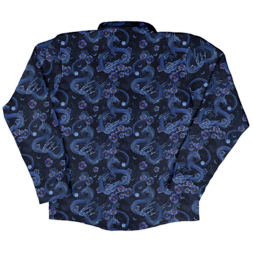 Floral Dragon Night Long Sleeve Button Up Shirt Geek Nerd adult sizing Design by Episodic Fantasy Prints