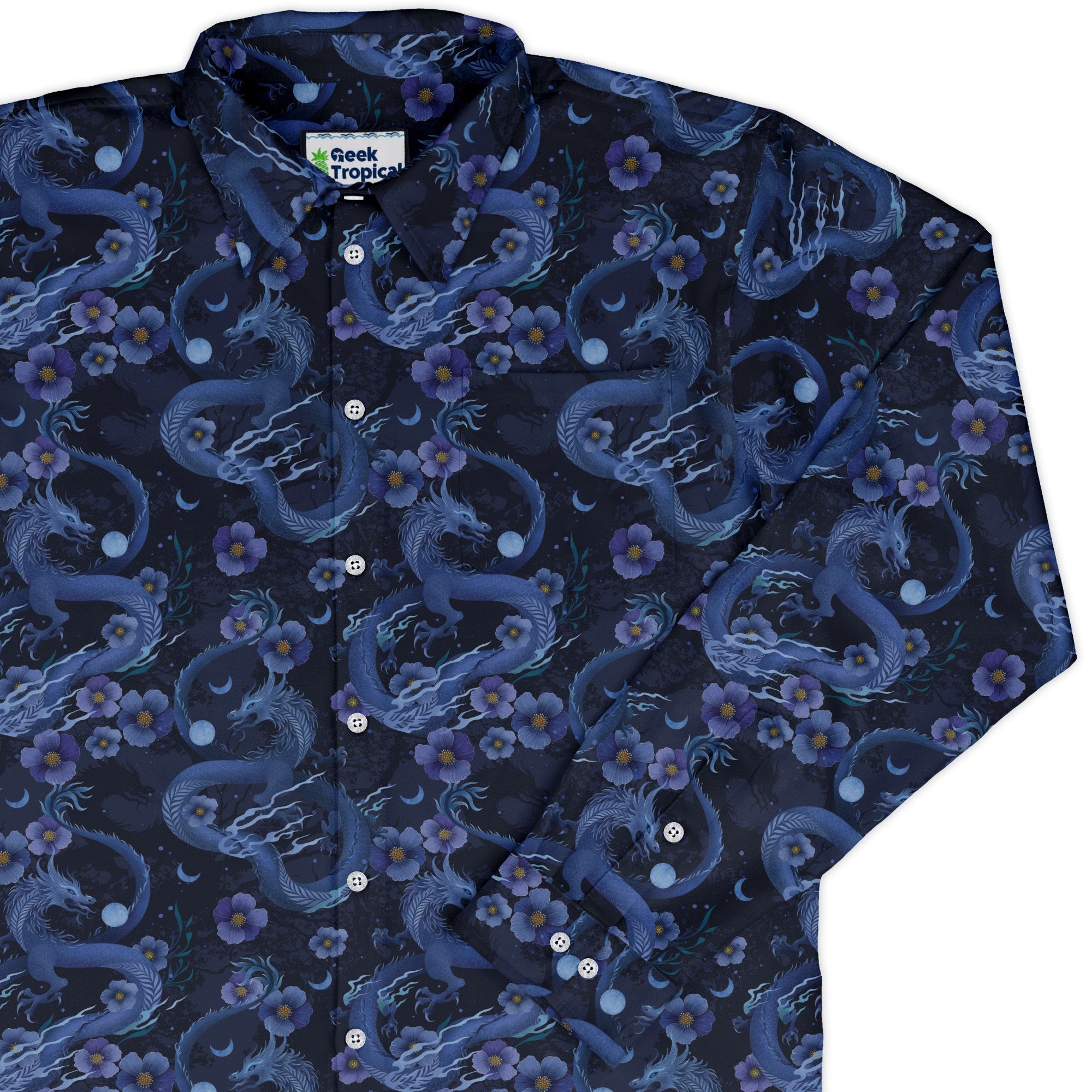 Floral Dragon Night Long Sleeve Button Up Shirt Geek Nerd adult sizing Design by Episodic Fantasy Prints
