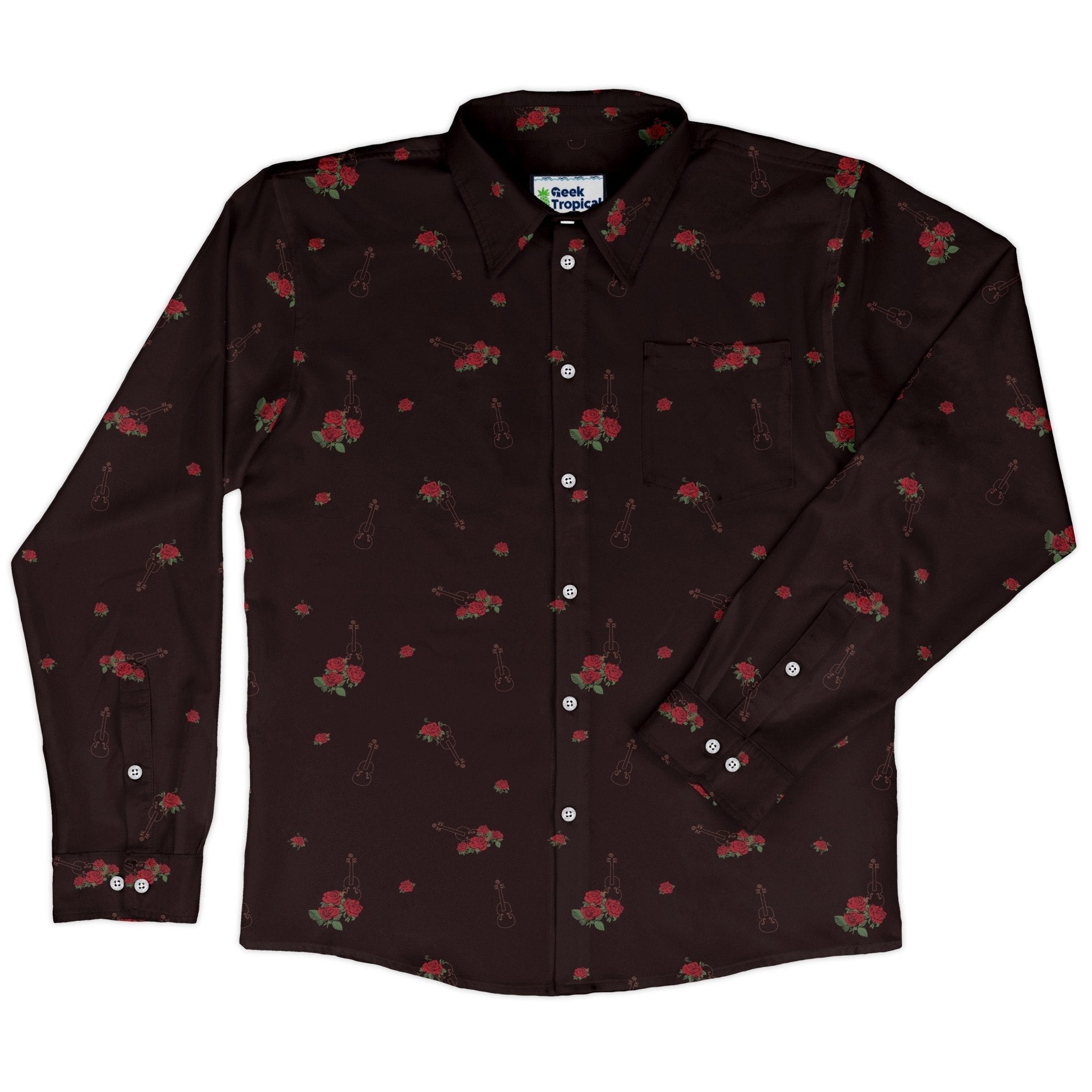 Floral Violin Melody Long Sleeve Button Up Shirt Geek Nerd adult sizing Design by Dunking Toast FLOW DESC WRITING