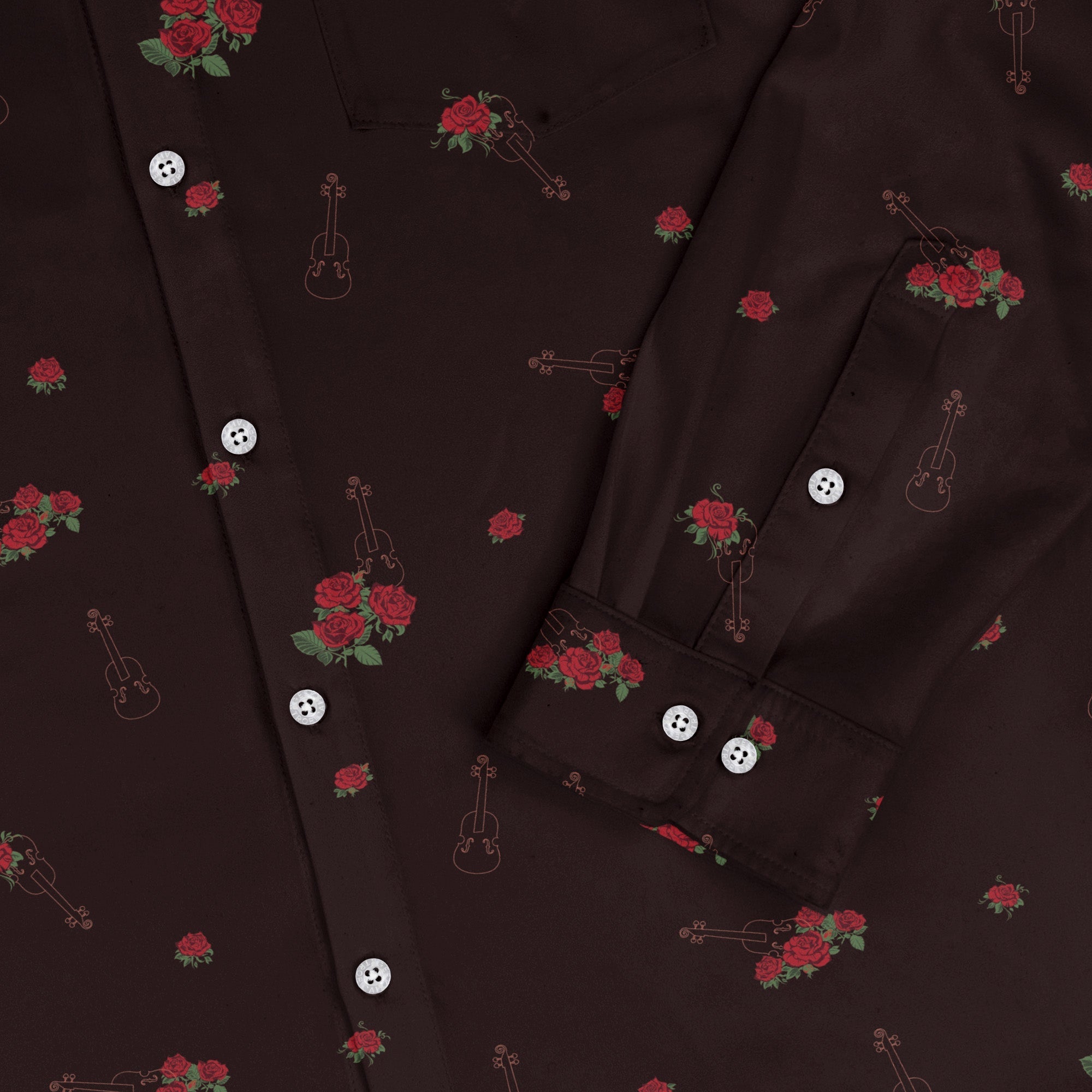 Floral Violin Melody Long Sleeve Button Up Shirt Geek Nerd adult sizing Design by Dunking Toast FLOW DESC WRITING