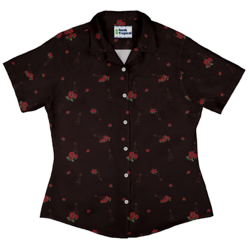 Floral Violin Melody Curvy Button Up Shirt Geek Nerd Design by Dunking Toast music print women