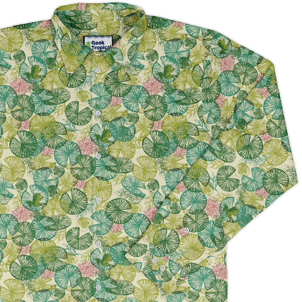 Frog Among Lilies Long Sleeve Button Up Shirt Geek Nerd 0925 adult sizing All Adult Button Up Shirts