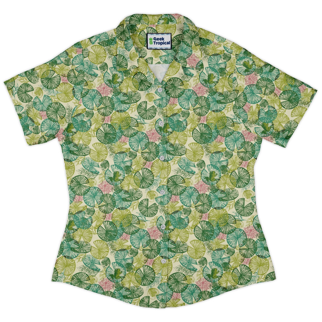 Frog Among Lilies Curvy Button Up Shirt Geek Nerd 0925 All Adult Button Up Shirts Animal Patterns