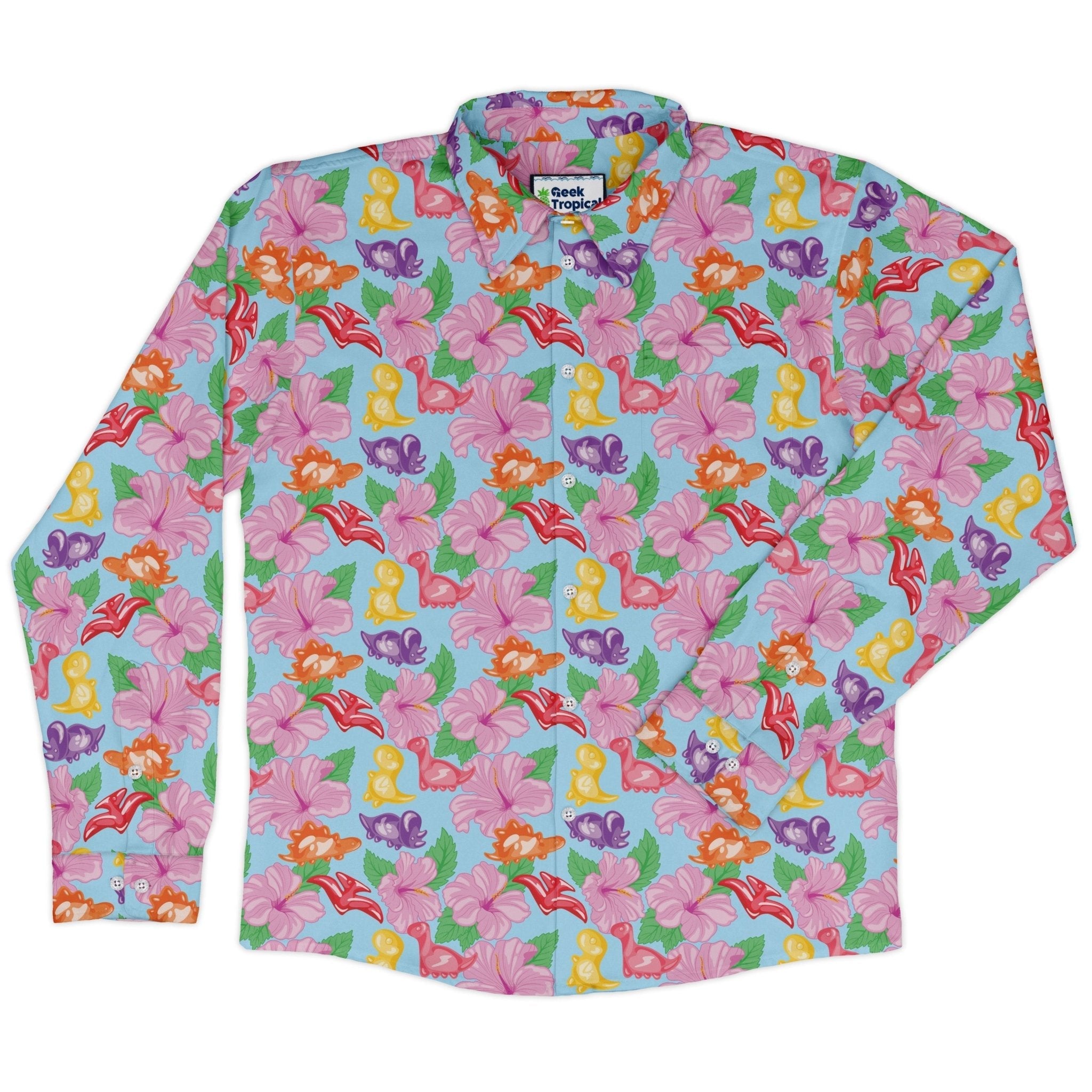 Fruit Snack Dinos Long Sleeve Button Up Shirt Geek Nerd 0925 adult sizing All Adult Button Up Shirts