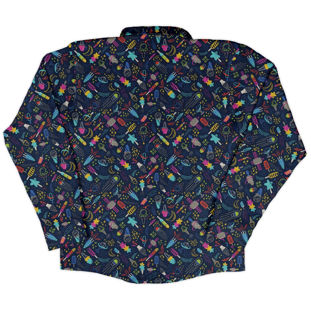 Galactic Ice Rocket Long Sleeve Button Up Shirt Geek Nerd adult sizing Design by Zirkus Design FLOW DESC WRITING