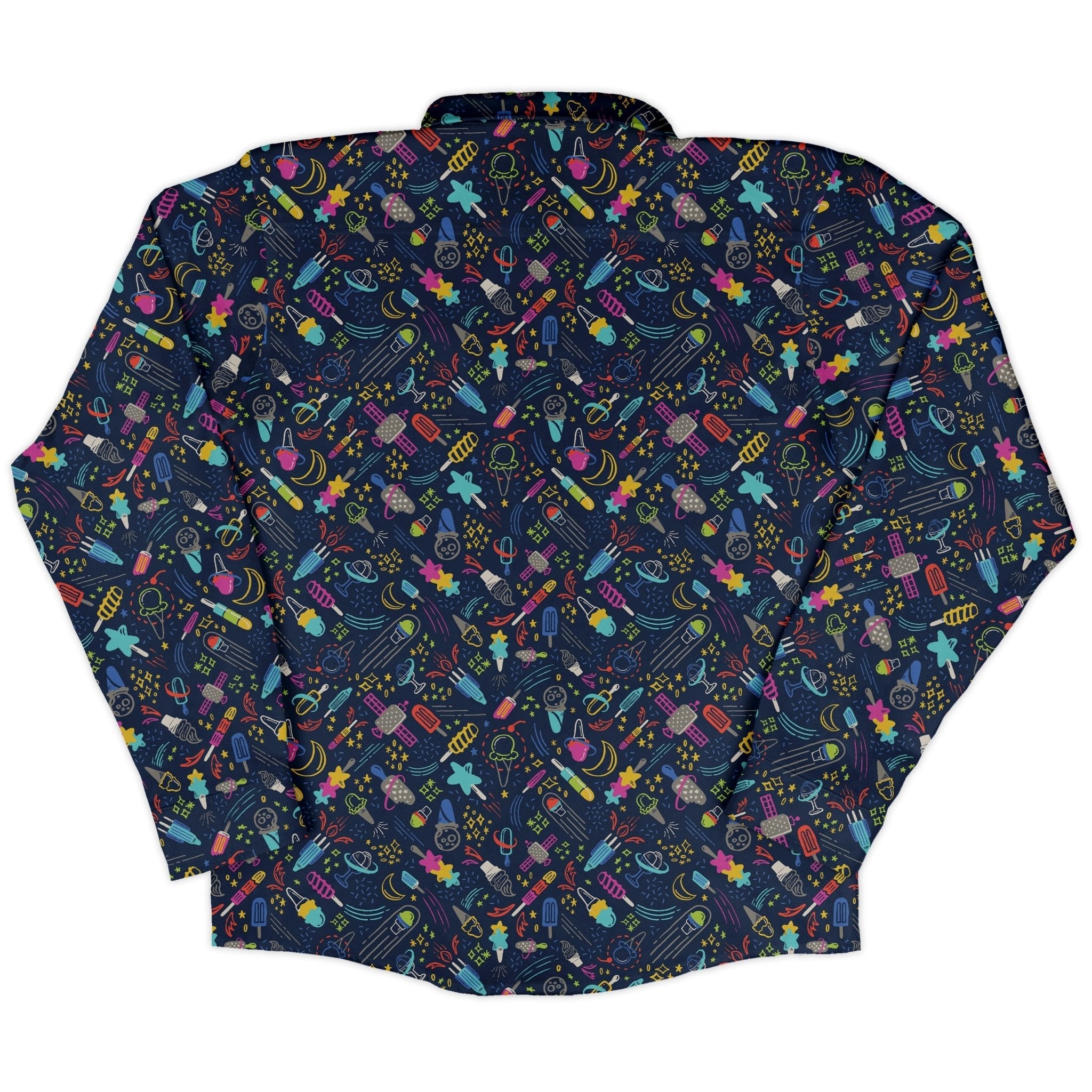 Galactic Ice Rocket Long Sleeve Button Up Shirt Geek Nerd adult sizing Design by Zirkus Design FLOW DESC WRITING