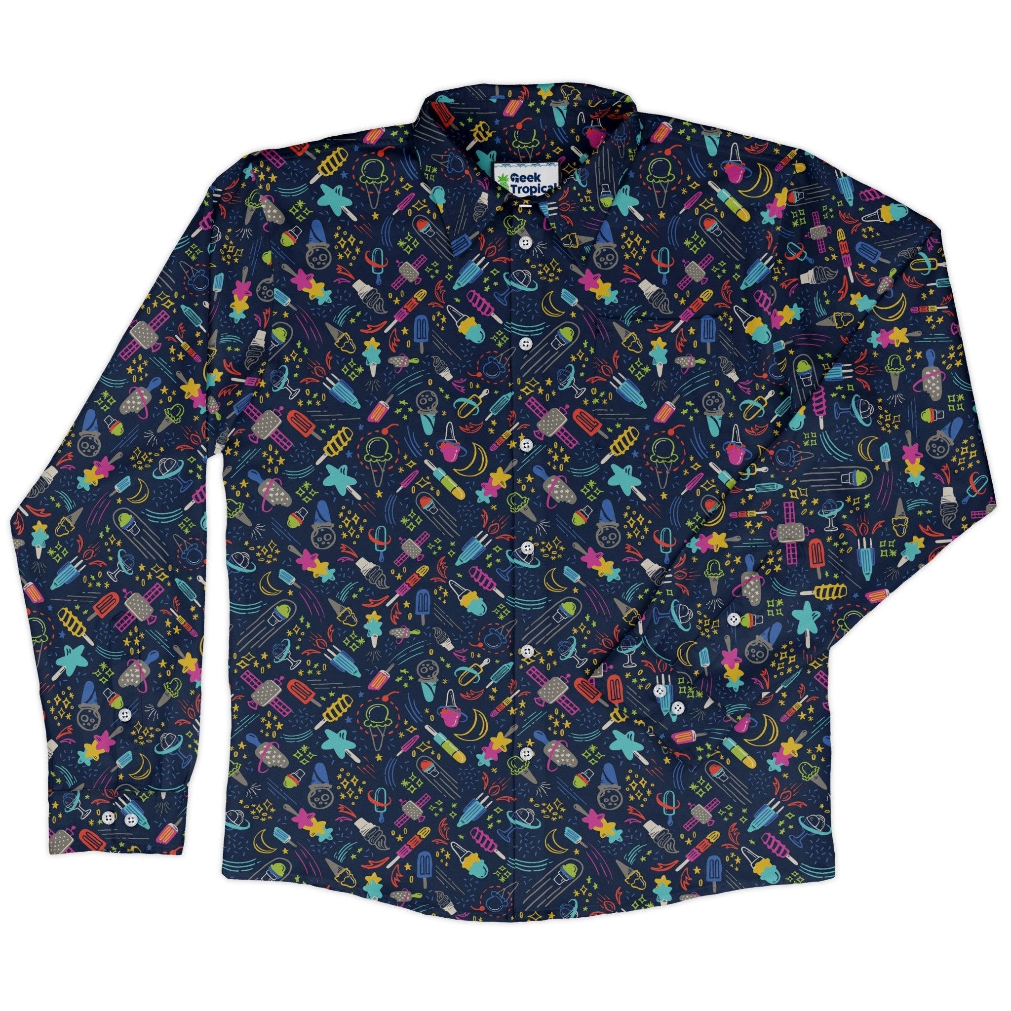 Galactic Ice Rocket Long Sleeve Button Up Shirt Geek Nerd adult sizing Design by Zirkus Design FLOW DESC WRITING