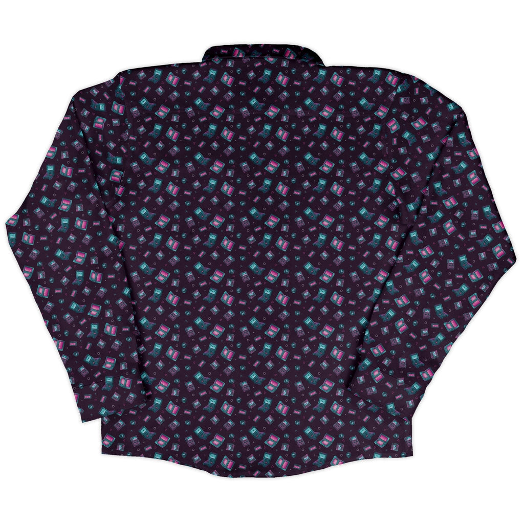 Gaming Consoles Anime Purple Long Sleeve Button Up Shirt Geek Nerd adult sizing Design by Ardi Tong FLOW DESC WRITING