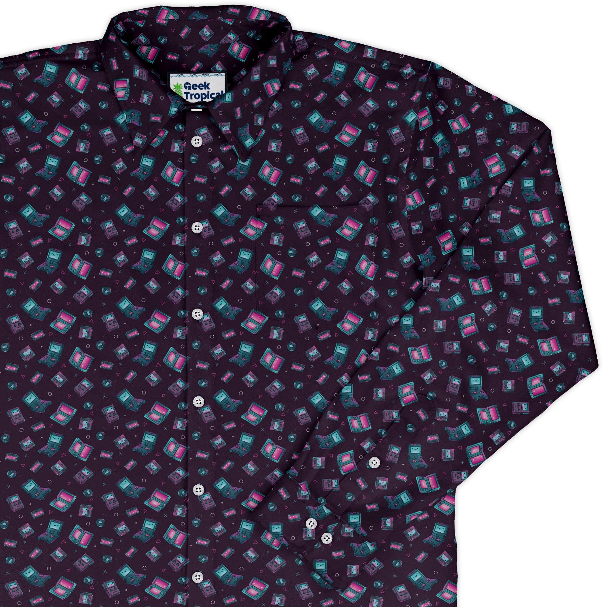 Gaming Consoles Anime Purple Long Sleeve Button Up Shirt Geek Nerd adult sizing Design by Ardi Tong FLOW DESC WRITING
