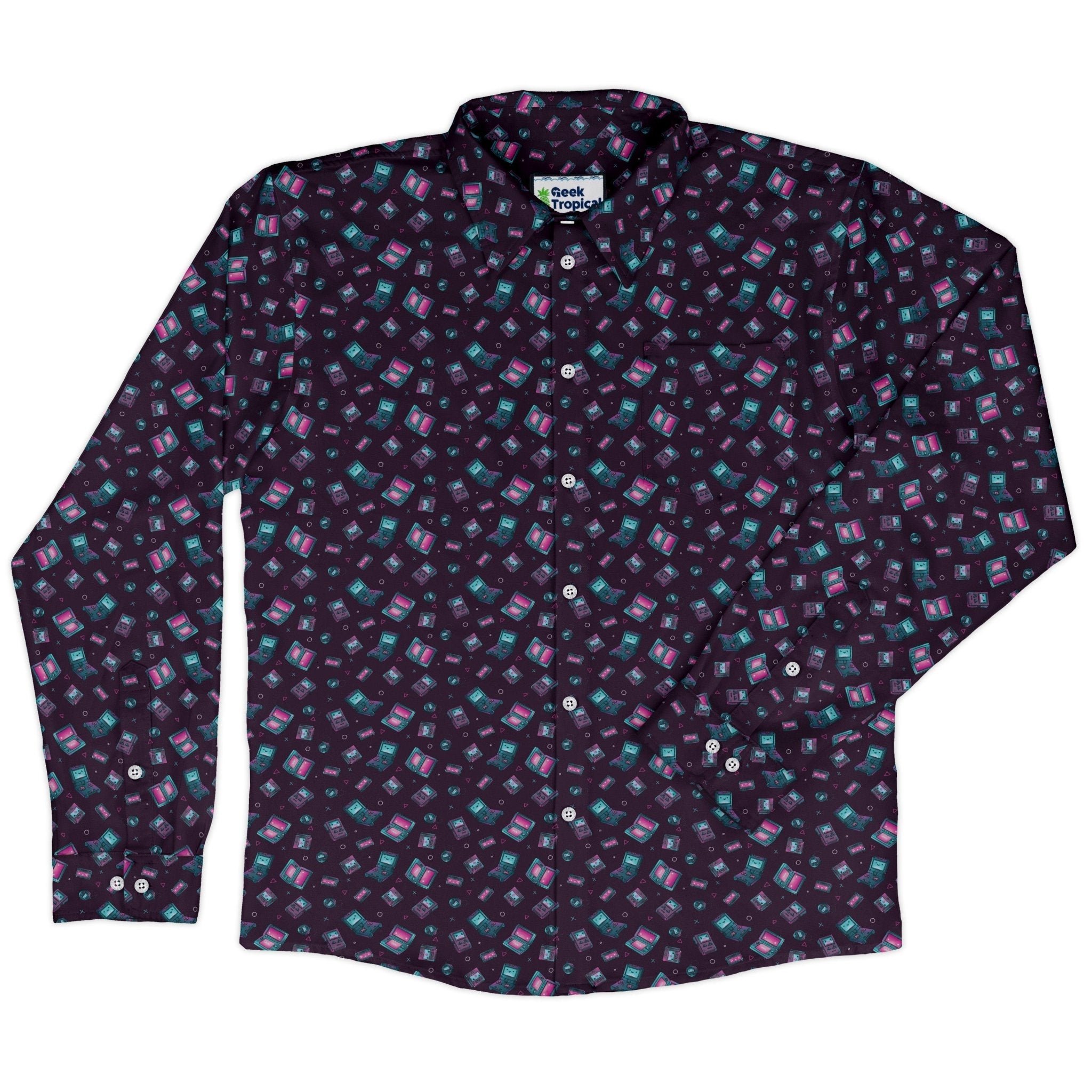 Gaming Consoles Anime Purple Long Sleeve Button Up Shirt Geek Nerd adult sizing Design by Ardi Tong FLOW DESC WRITING