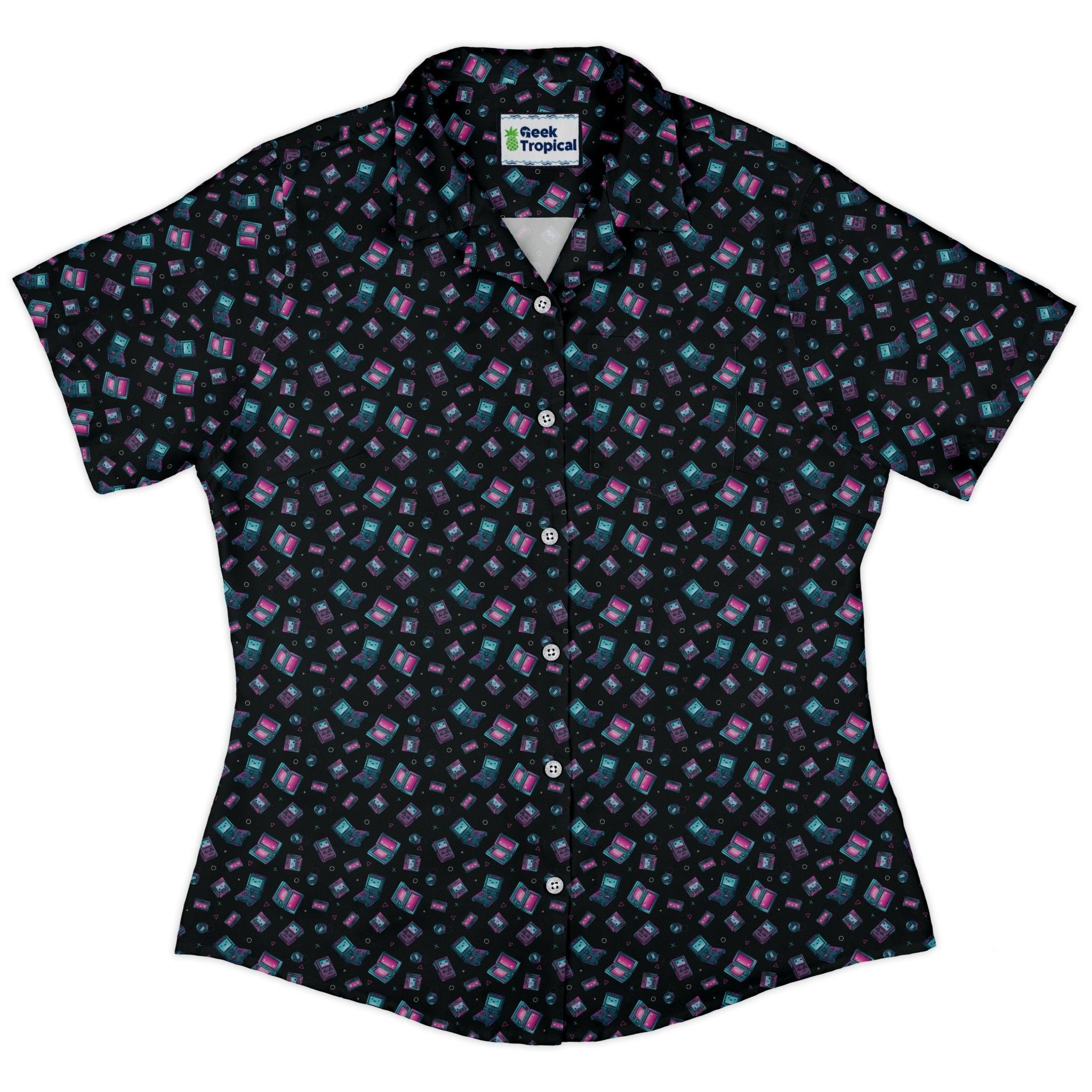 Gaming Consoles Anime Teal Curvy Button Up Shirt Geek Nerd Design by Ardi Tong q225 video game arcade print