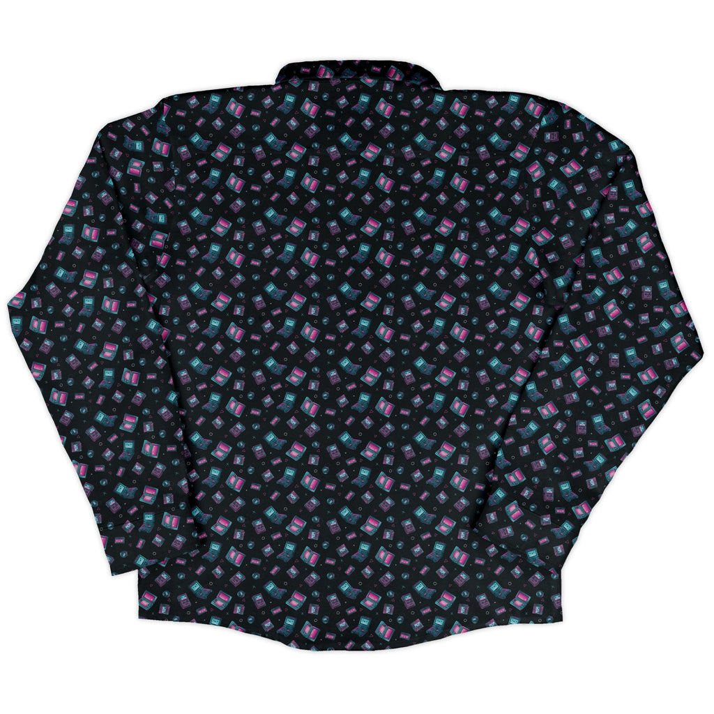 Gaming Consoles Anime Teal Long Sleeve Button Up Shirt Geek Nerd adult sizing Design by Ardi Tong FLOW DESC WRITING