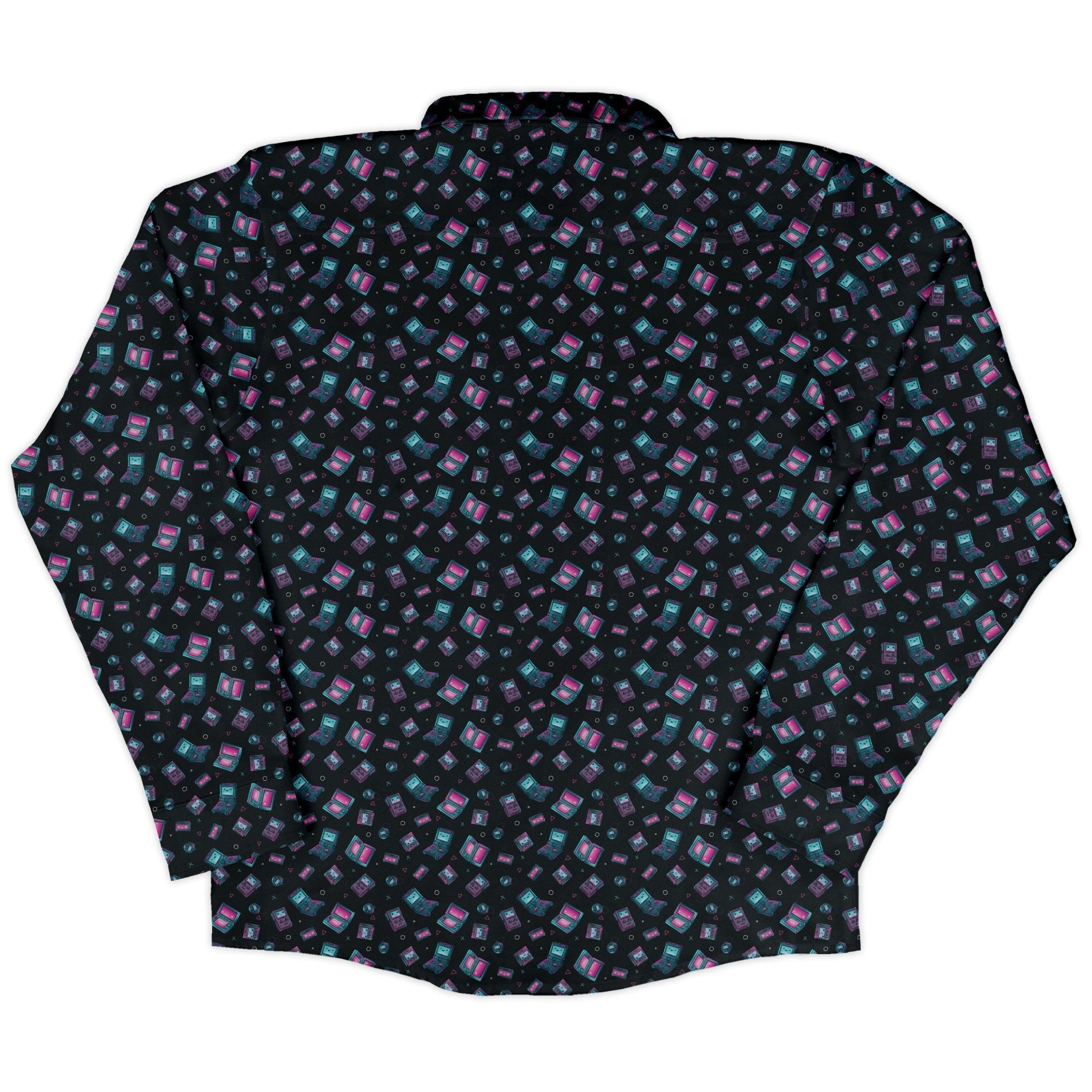 Gaming Consoles Anime Teal Long Sleeve Button Up Shirt Geek Nerd adult sizing Design by Ardi Tong FLOW DESC WRITING