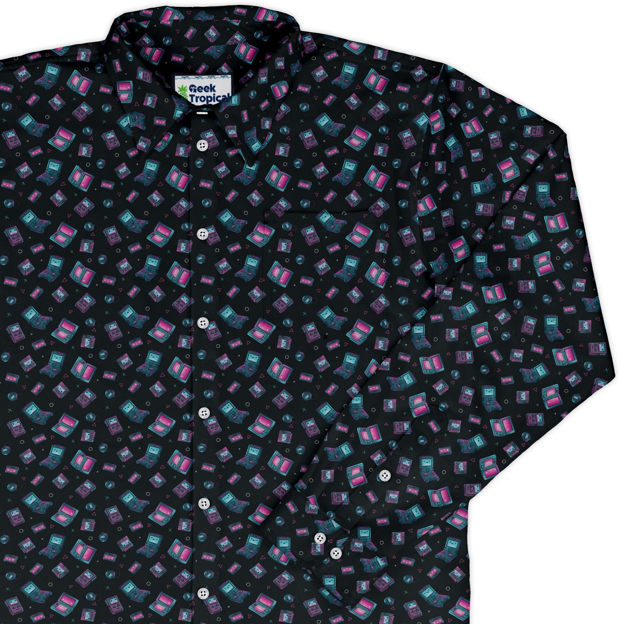 Gaming Consoles Anime Teal Long Sleeve Button Up Shirt Geek Nerd adult sizing Design by Ardi Tong FLOW DESC WRITING
