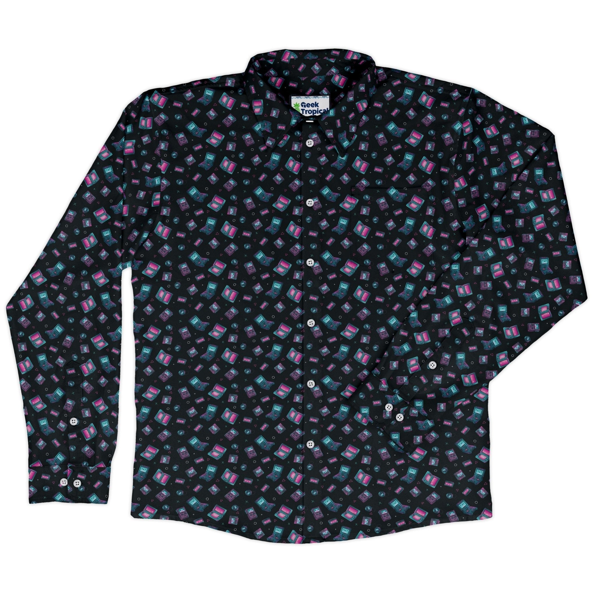 Gaming Consoles Anime Teal Long Sleeve Button Up Shirt Geek Nerd adult sizing Design by Ardi Tong FLOW DESC WRITING