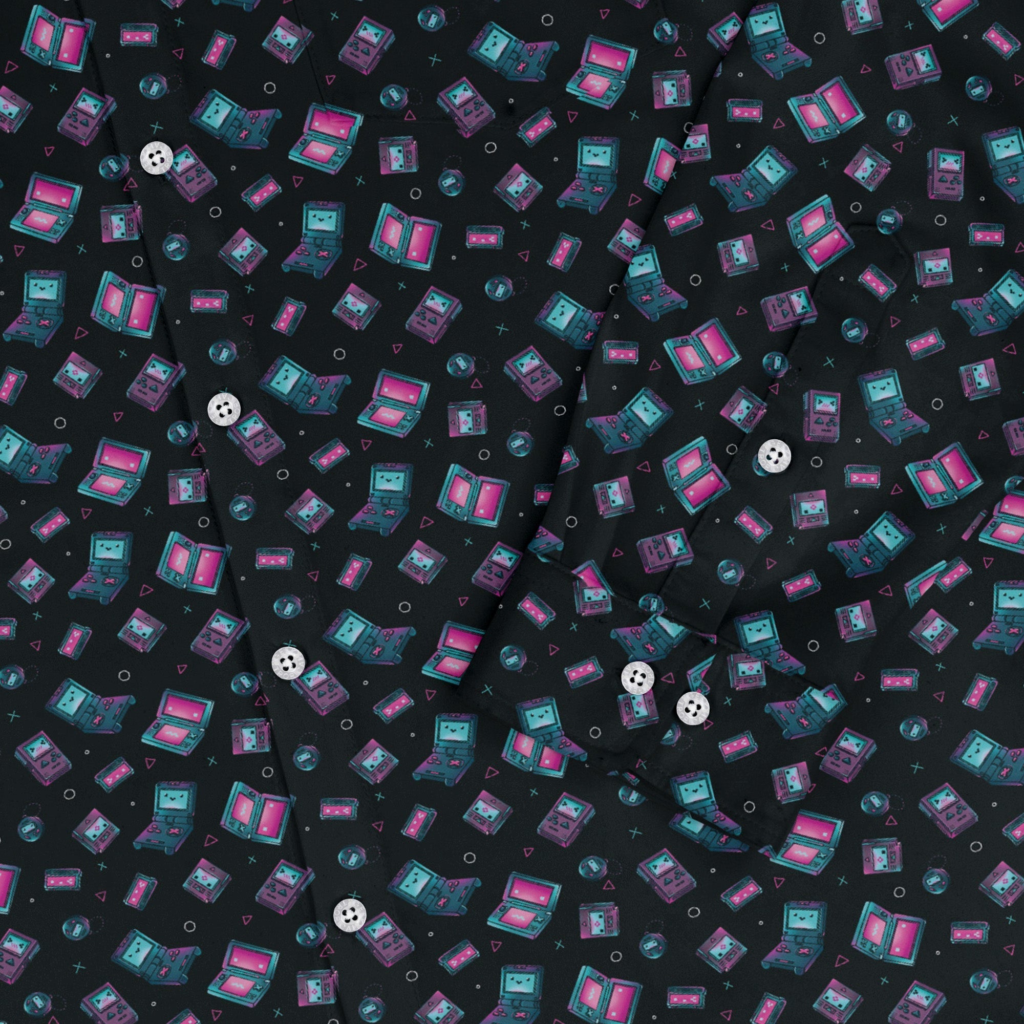Gaming Consoles Anime Teal Long Sleeve Button Up Shirt Geek Nerd adult sizing Design by Ardi Tong FLOW DESC WRITING