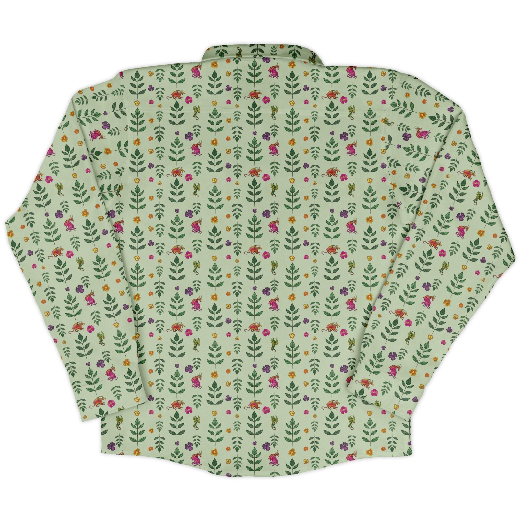 Garden Dragons Fantasy Long Sleeve Button Up Shirt Geek Nerd adult sizing Designed by Rose Khan Fantasy Prints