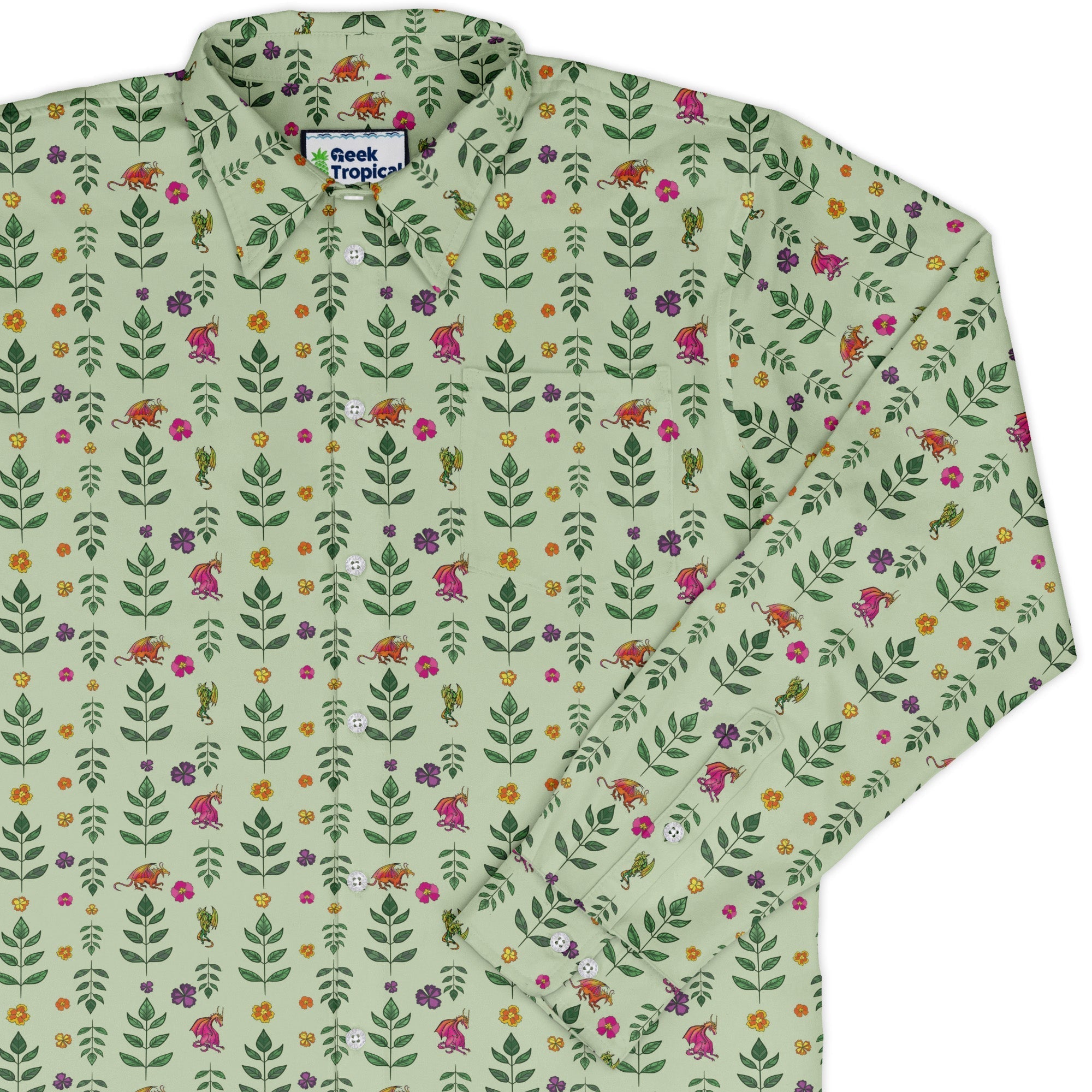 Garden Dragons Fantasy Long Sleeve Button Up Shirt Geek Nerd adult sizing Designed by Rose Khan Fantasy Prints