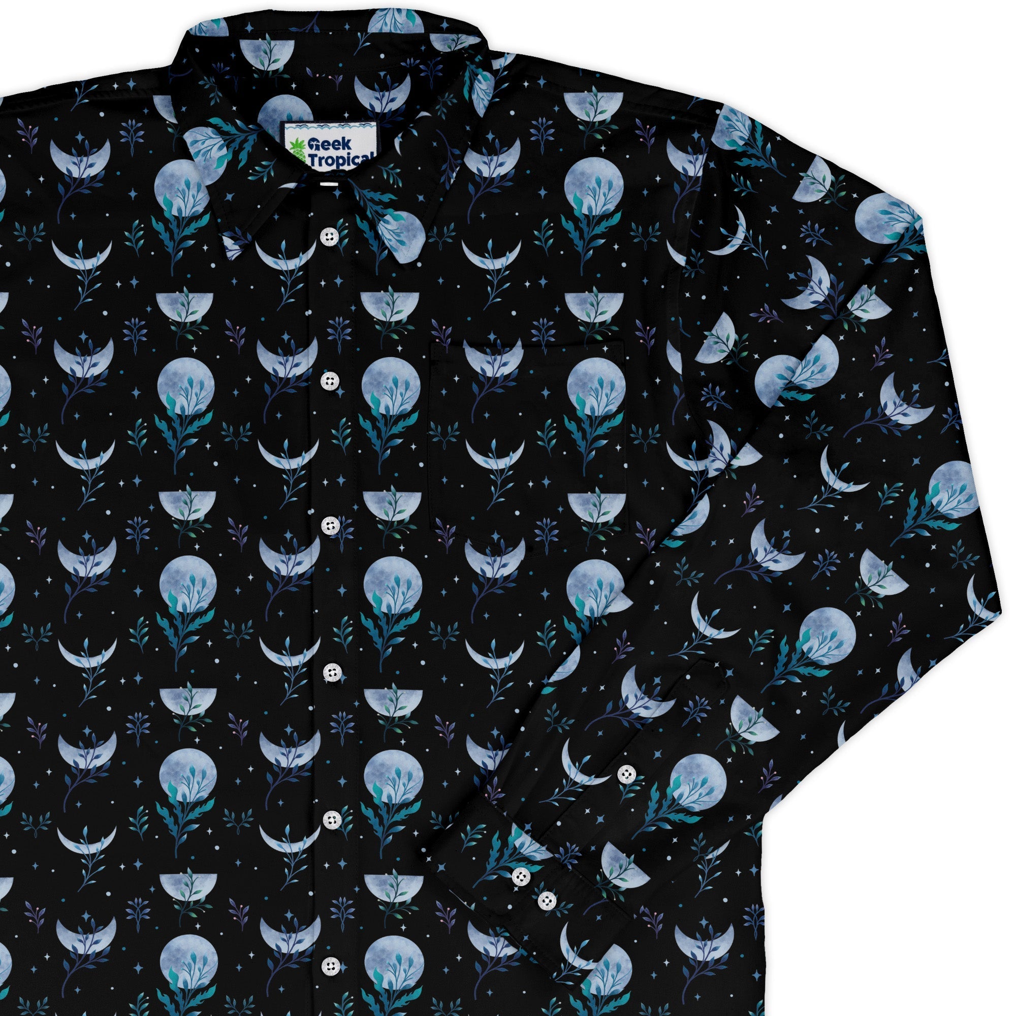 Garden Phase Long Sleeve Button Up Shirt Geek Nerd adult sizing Botany Print Design by Episodic