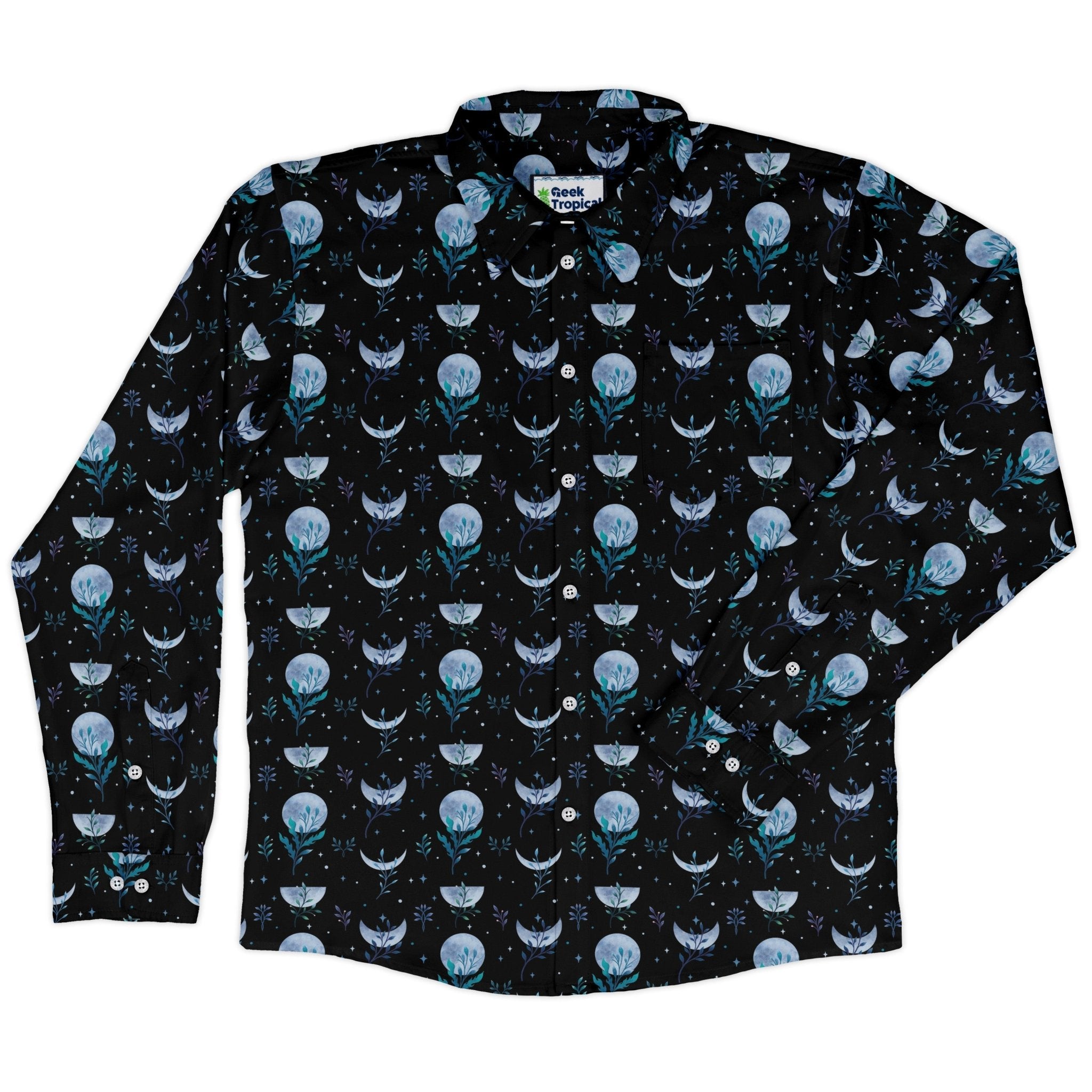 Garden Phase Long Sleeve Button Up Shirt Geek Nerd adult sizing Botany Print Design by Episodic