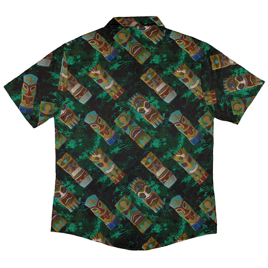 Geek Tiki Masks Dark Green Button Up Shirt - adult sizing - board game print - computer print