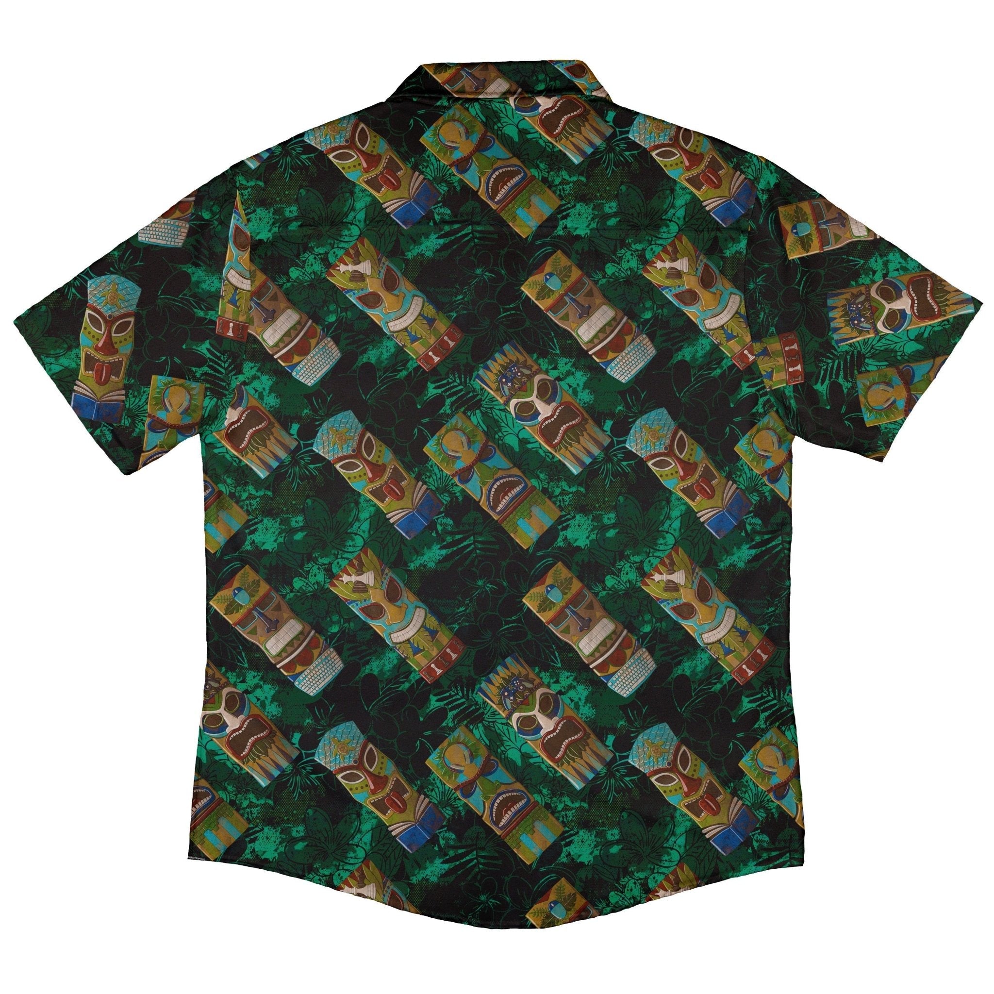 Geek Tiki Masks Dark Green Button Up Shirt - adult sizing - board game print - computer print