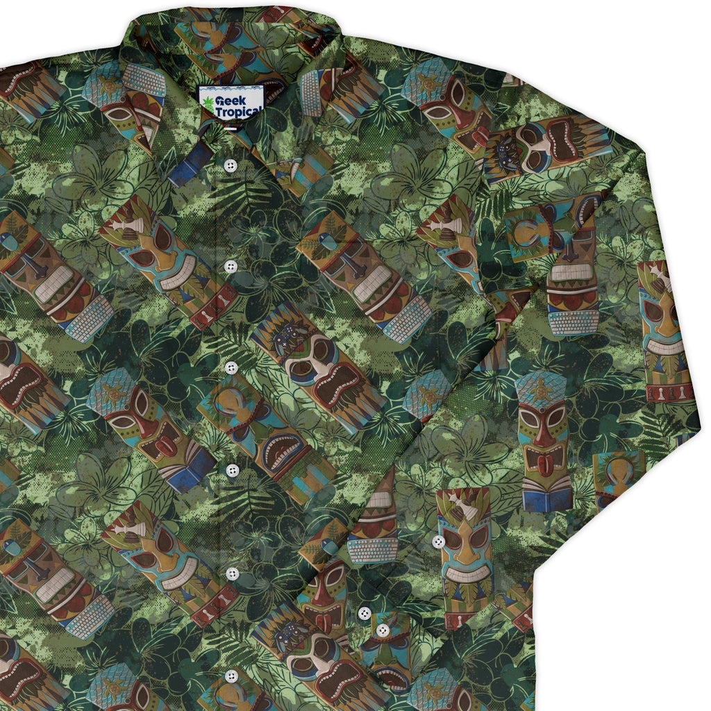 Geek Tiki Masks Light Green Long Sleeve Button Up Shirt Geek Nerd adult sizing board game print computer print