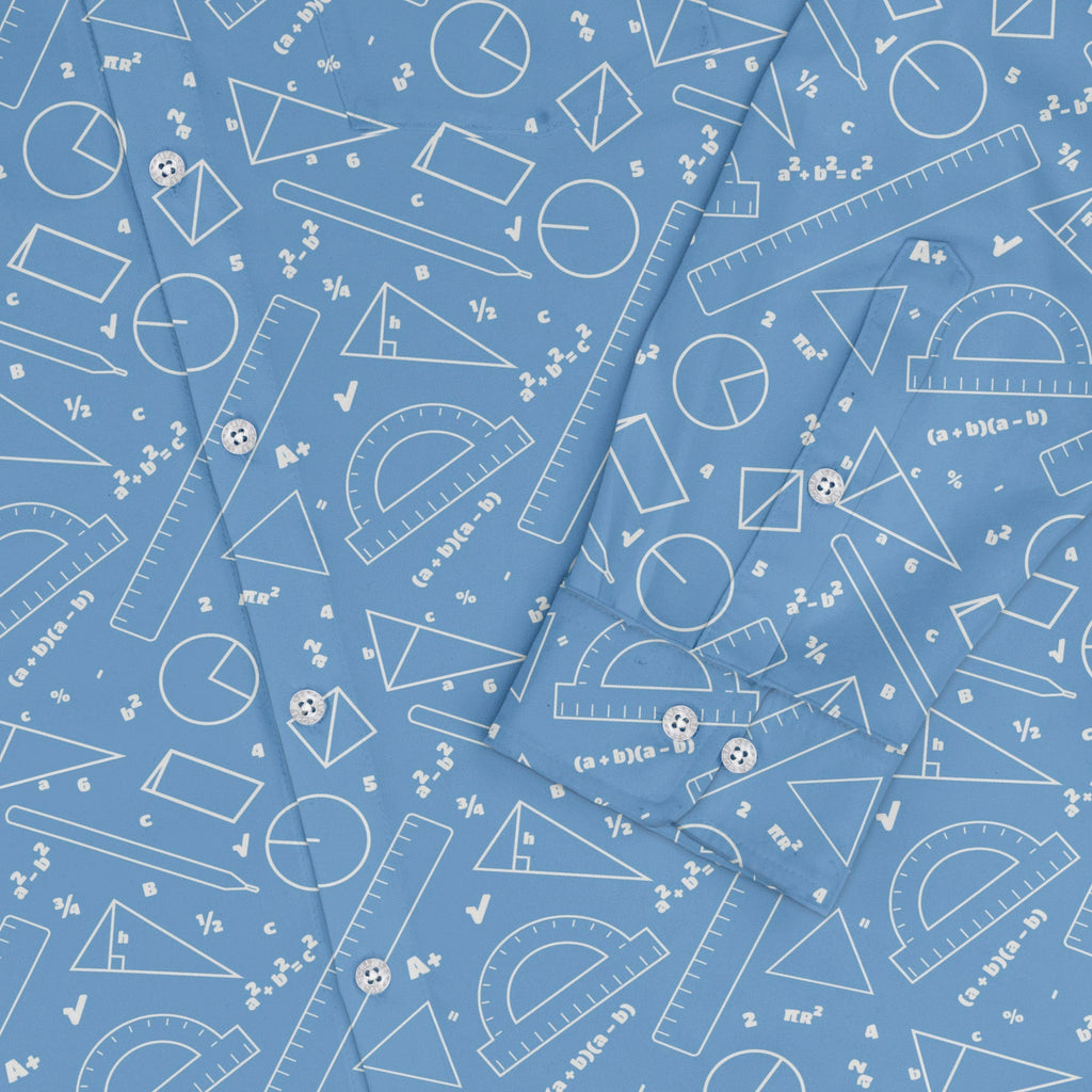 Geometry Blue Math Long Sleeve Button Up Shirt Geek Nerd adult sizing FLOW DESC WRITING mathematics print