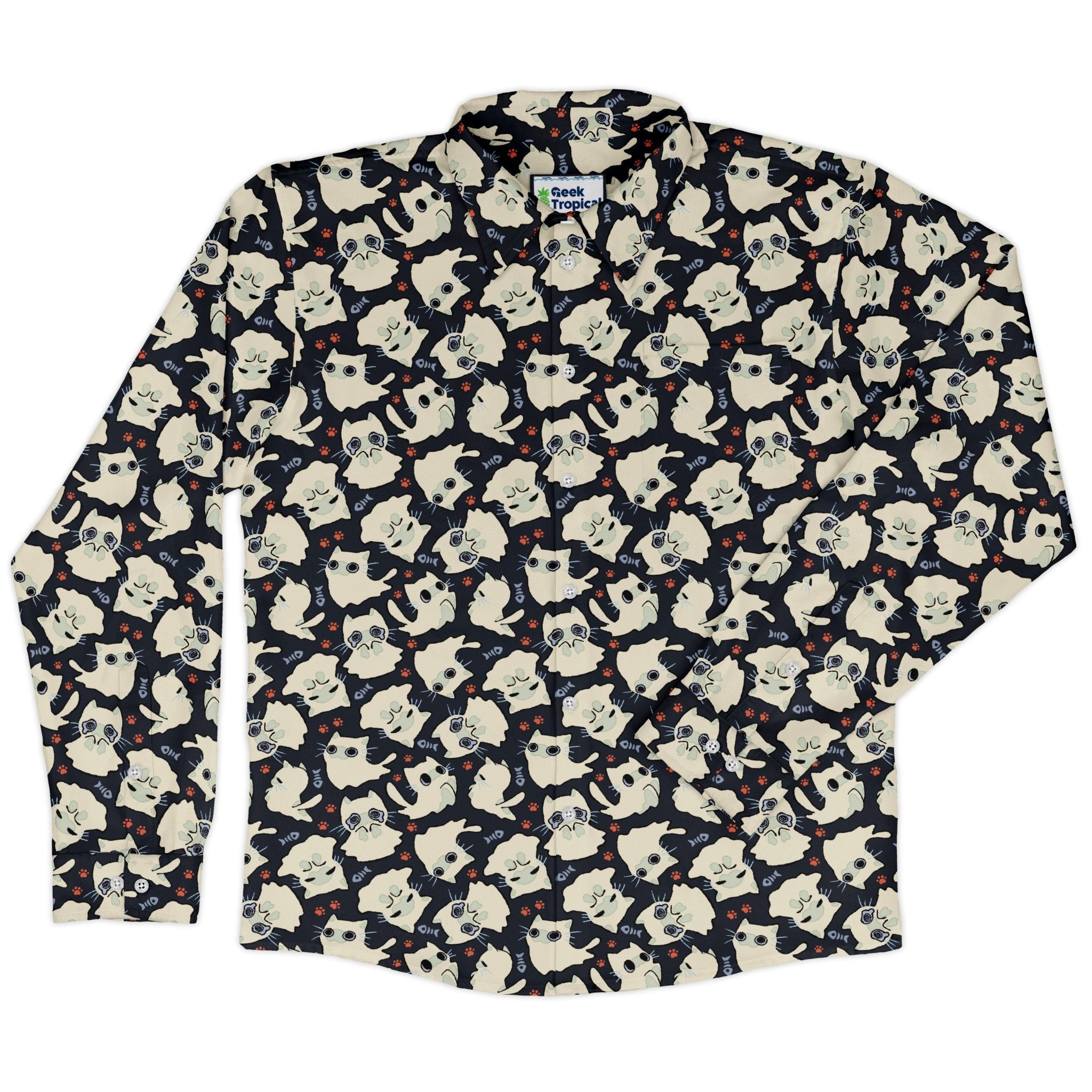 Ghost Cats Long Sleeve Button Up Shirt Geek Nerd 0925 adult sizing All Adult Button Up Shirts