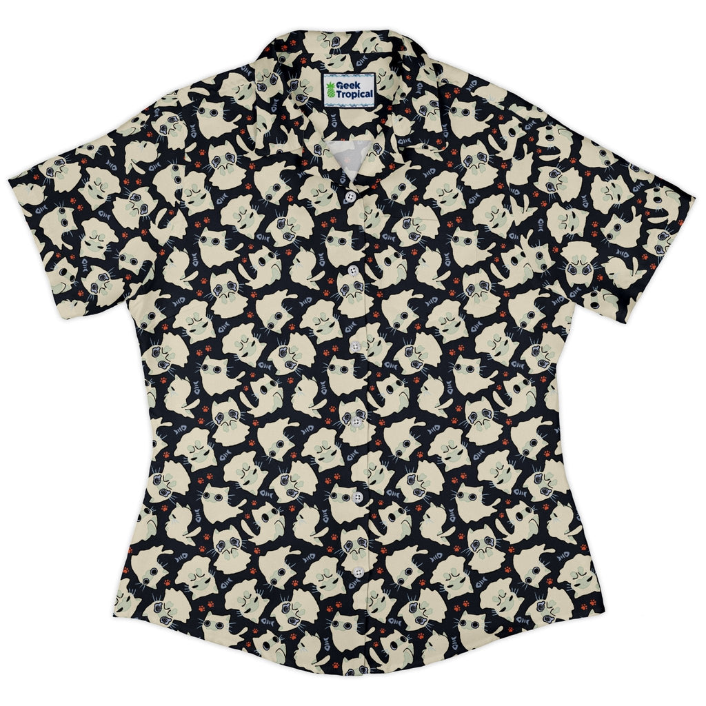 Ghost Cats Curvy Button Up Shirt Geek Nerd 0925 All Adult Button Up Shirts Animal Patterns