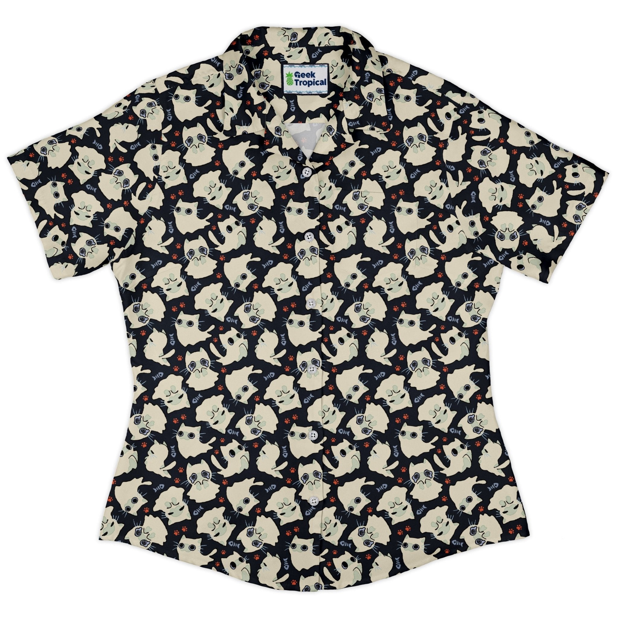 Ghost Cats Curvy Button Up Shirt Geek Nerd 0925 All Adult Button Up Shirts Animal Patterns