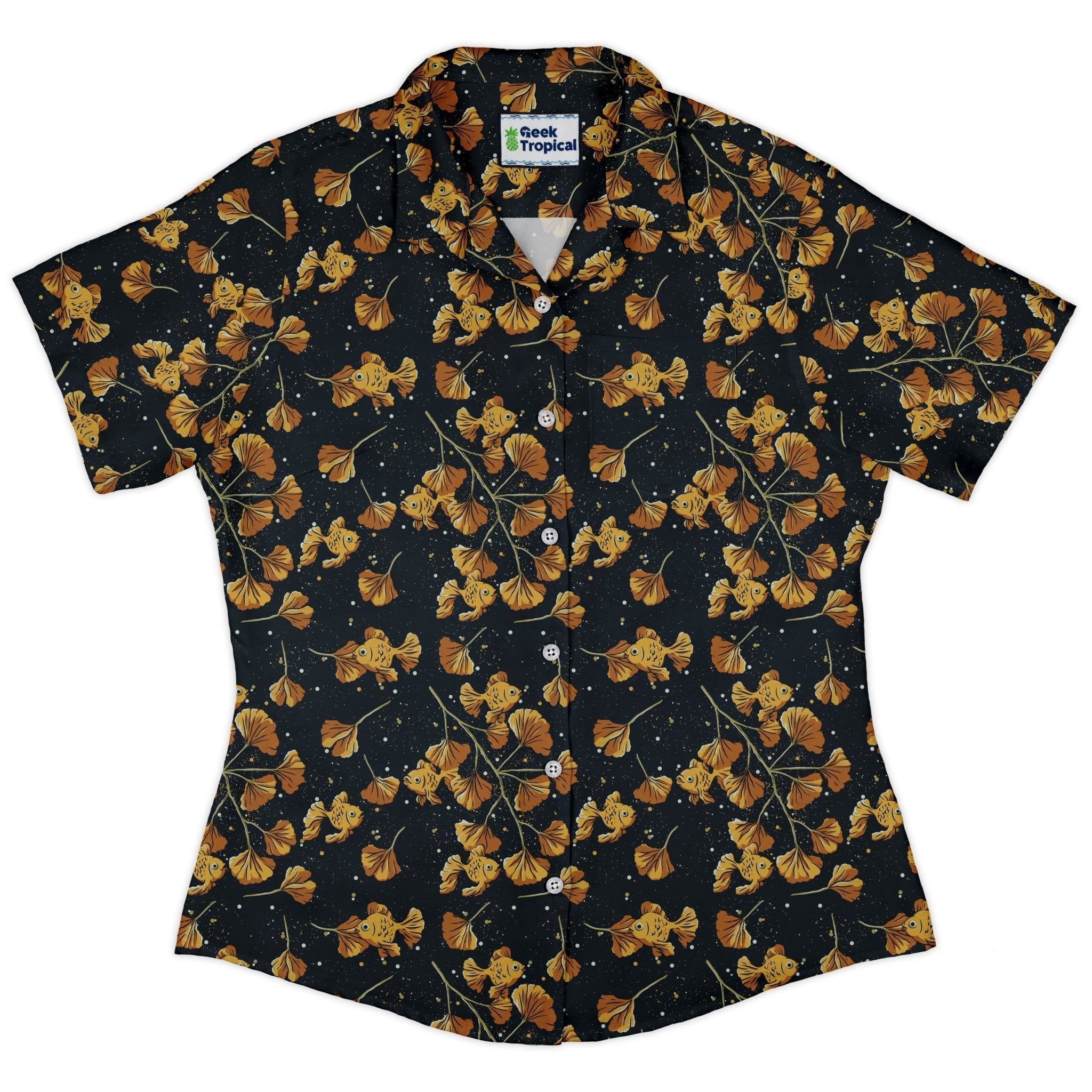 Ginkgo Golden Fish Curvy Button Up Shirt Geek Nerd 0925 All Adult Button Up Shirts Animal Patterns