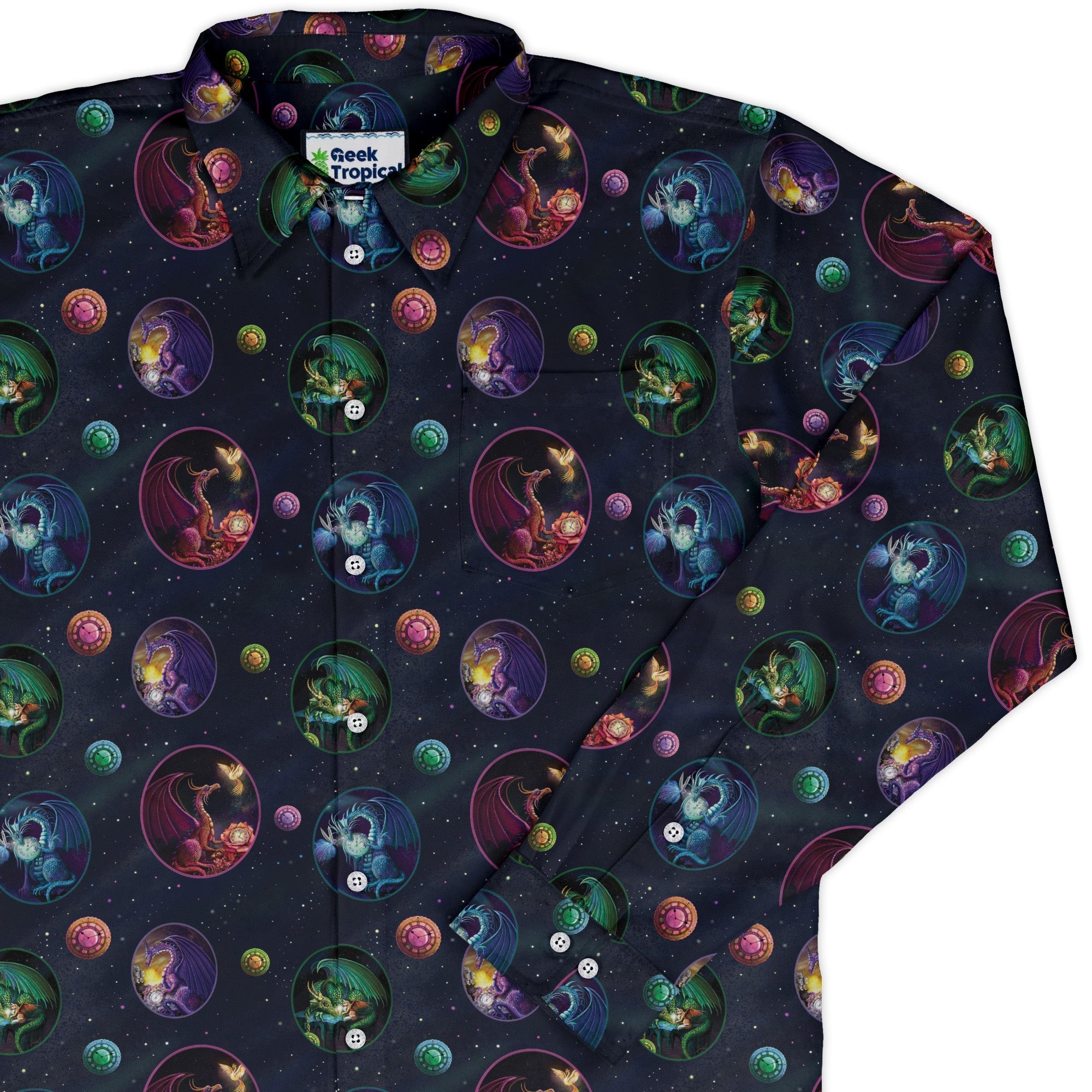 Glimpses in Dragon Time Long Sleeve Button Up Shirt Geek Nerd adult sizing Animal Patterns Designed by Rose Khan