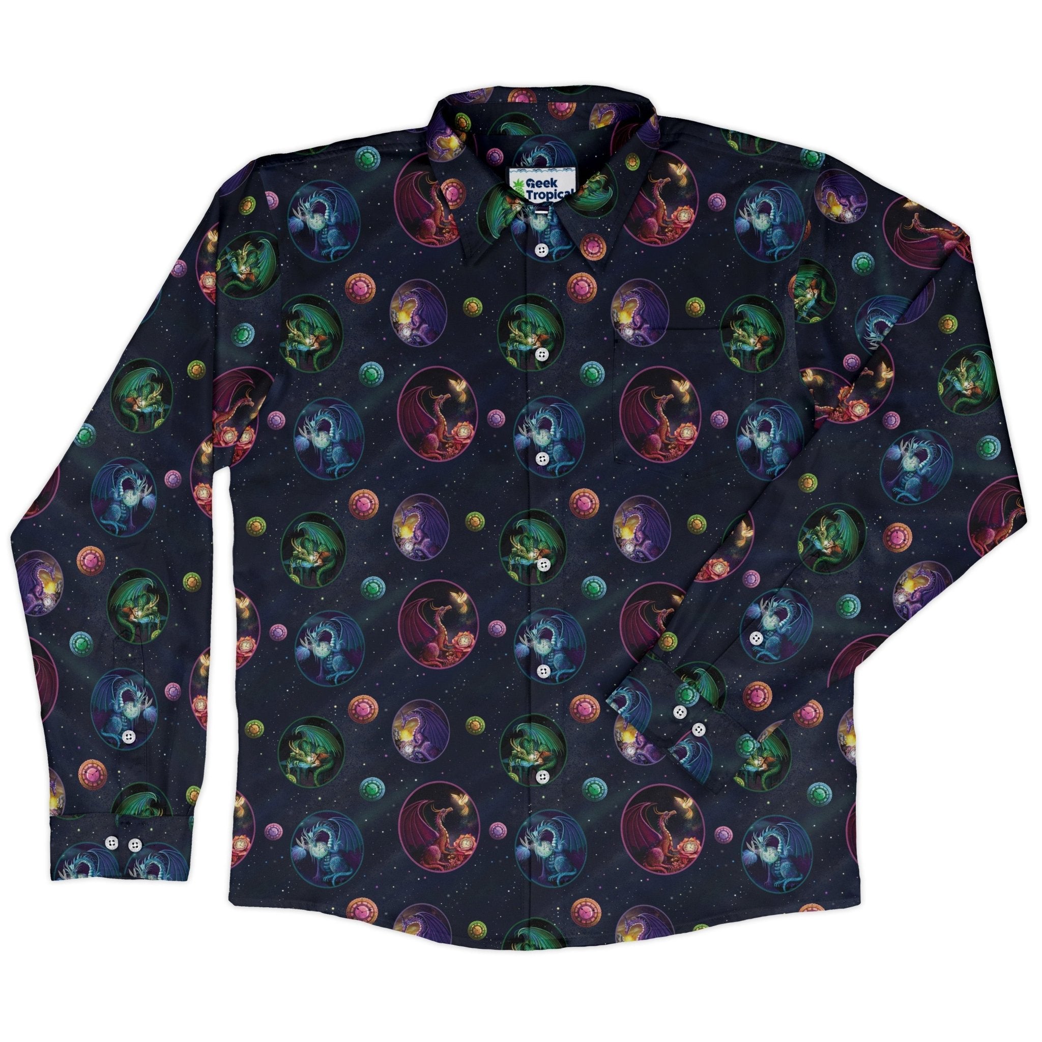 Glimpses in Dragon Time Long Sleeve Button Up Shirt Geek Nerd adult sizing Animal Patterns Designed by Rose Khan