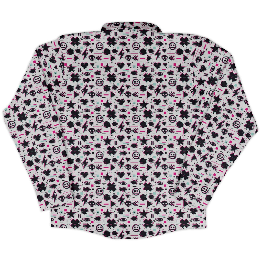 Glitchy Game Effects Video Game Long Sleeve Button Up Shirt Geek Nerd adult sizing FLOW DESC WRITING video game arcade print