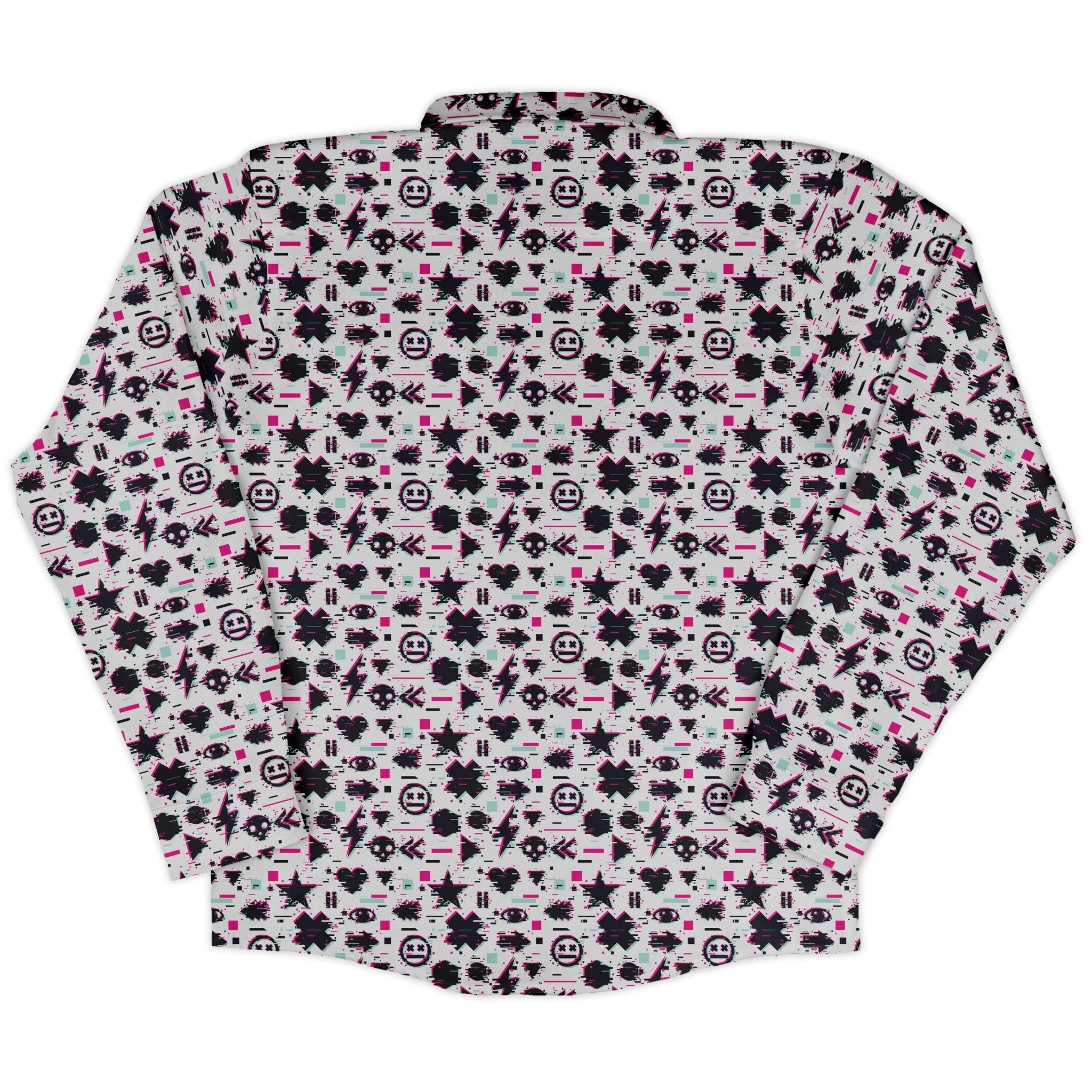 Glitchy Game Effects Video Game Long Sleeve Button Up Shirt Geek Nerd adult sizing FLOW DESC WRITING video game arcade print