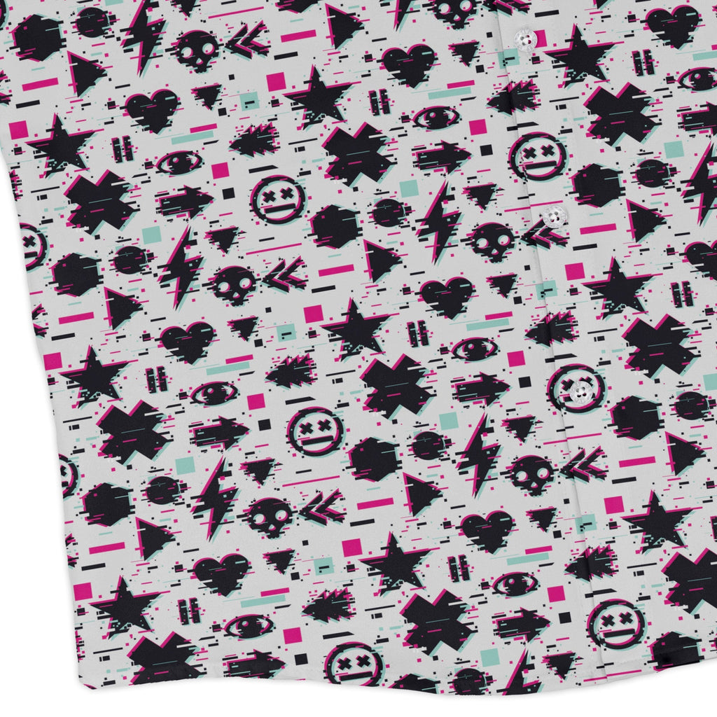 Glitchy Game Effects Video Game Long Sleeve Button Up Shirt Geek Nerd adult sizing FLOW DESC WRITING video game arcade print